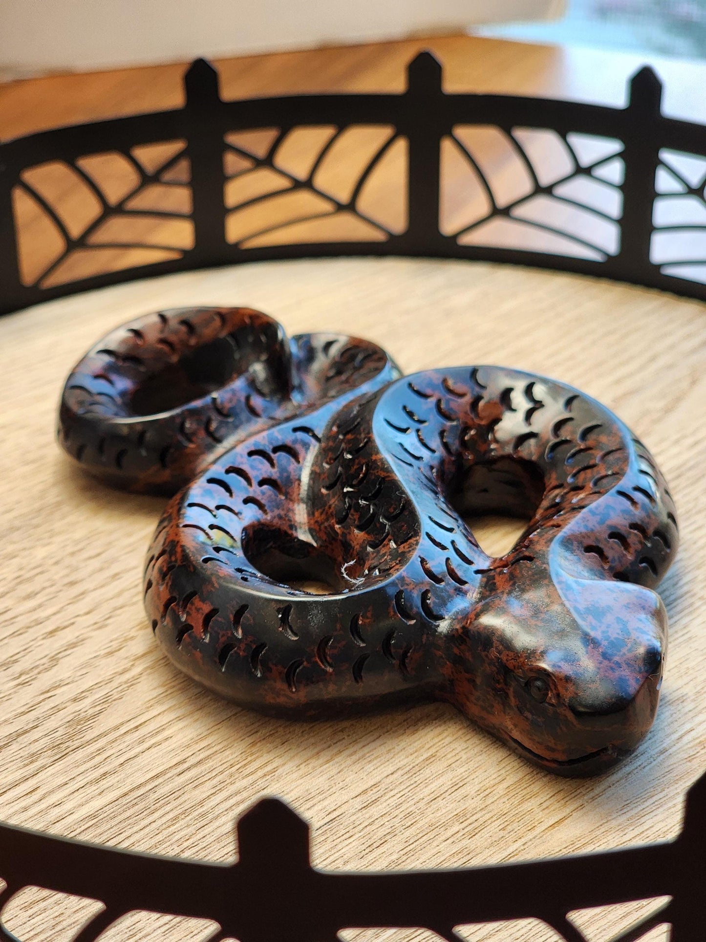 Mahogany Jasper Snake | Coiled Crystal Serpent, Life-like 3D Figurine in Red Obsidian for Nature Lover or Spooky Season Decor Halloween, Big