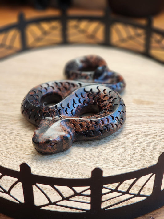 Mahogany Jasper Snake | Coiled Crystal Serpent, Life-like 3D Figurine in Red Obsidian for Nature Lover or Spooky Season Decor Halloween, Big