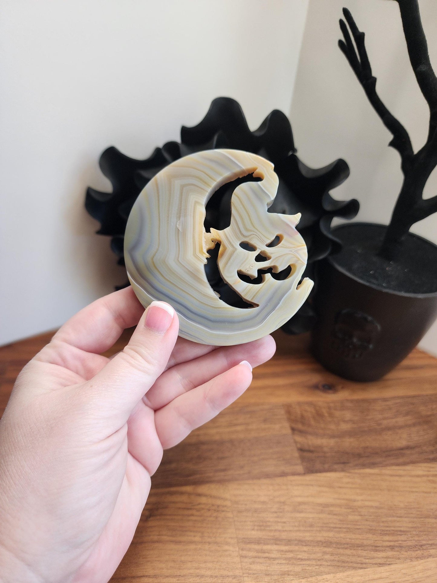 Gray Banded Agate Pumpkin Crystal - Bandit - Halloween Druzy Moon Decor