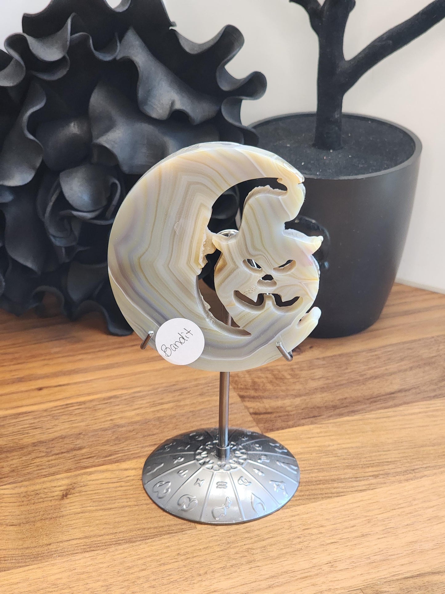 Gray Banded Agate Pumpkin Crystal - Bandit - Halloween Druzy Moon Decor