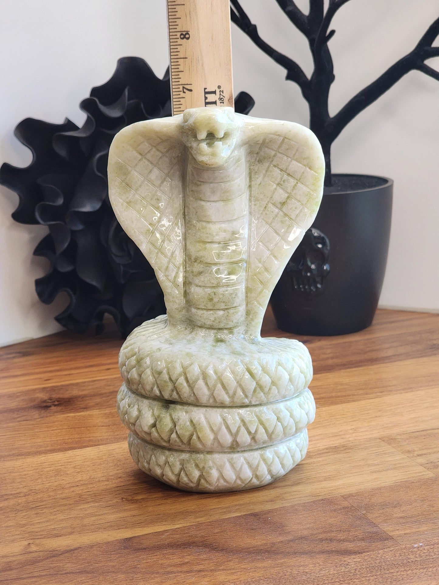 Jade Cobra Sculpture: White & Green Crystal - Large Coiled Stone Snake