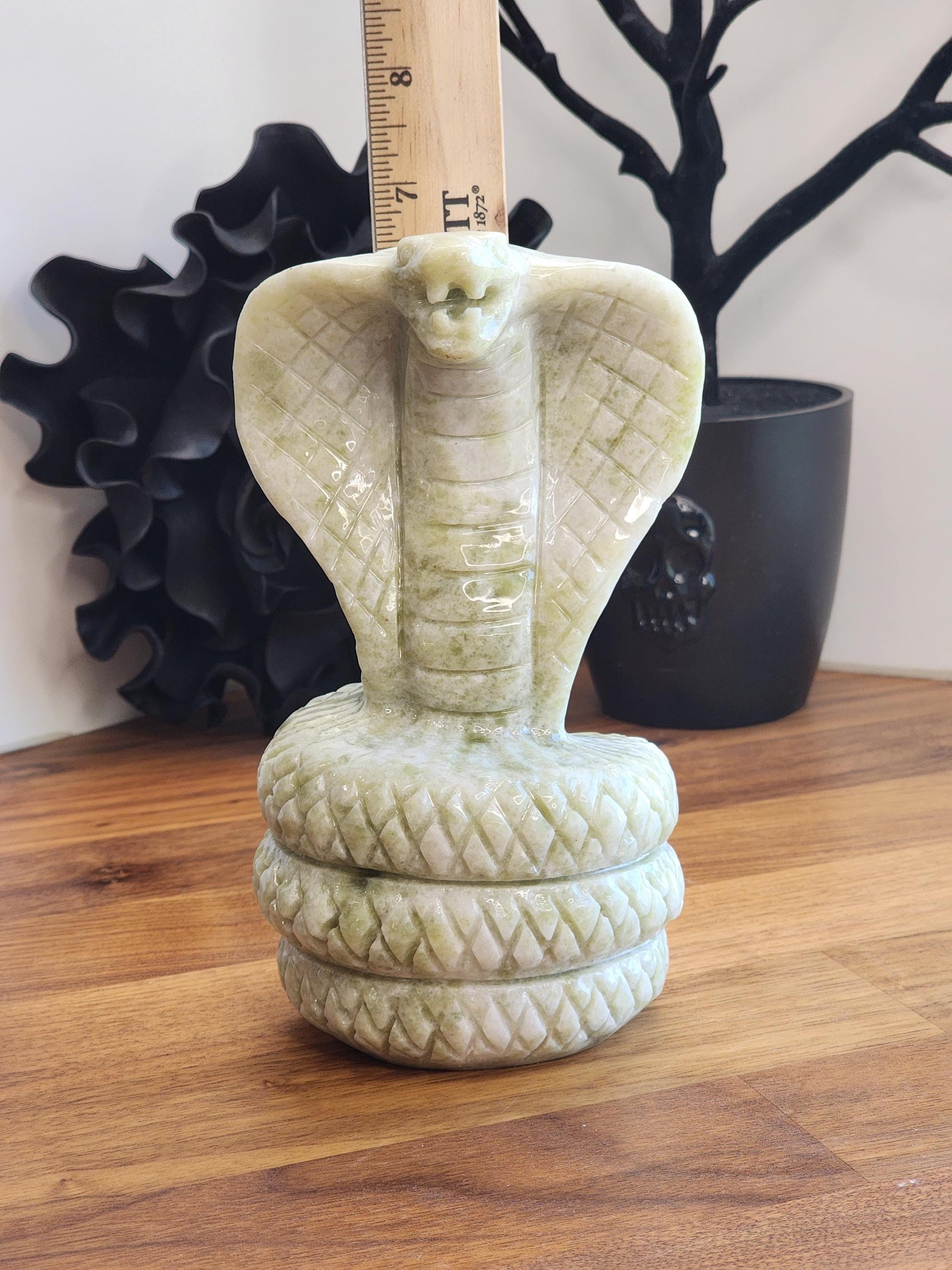 Jade Cobra Sculpture: White & Green Crystal - Large Coiled Stone Snake