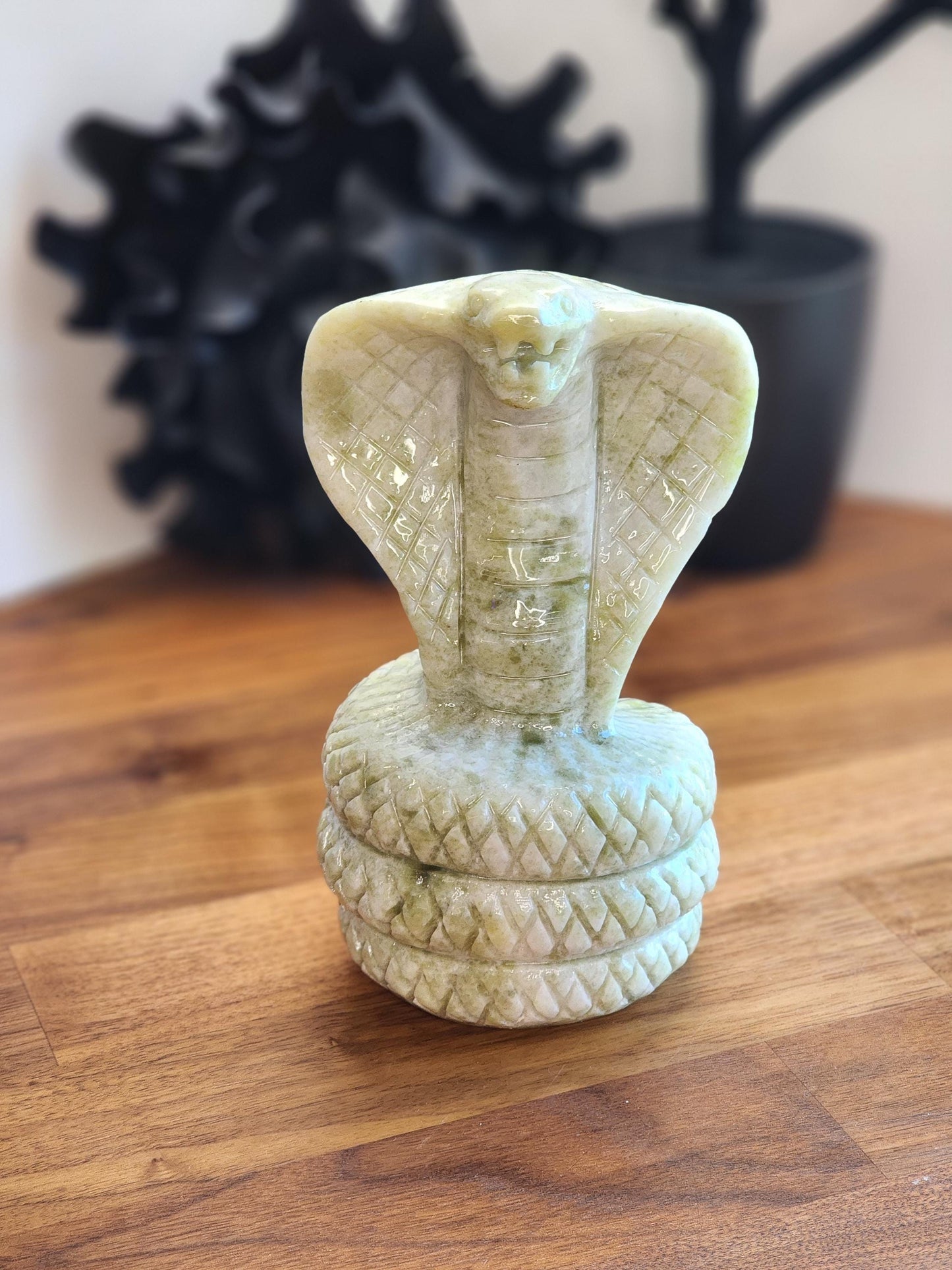 Jade Cobra Sculpture: White & Green Crystal - Large Coiled Stone Snake