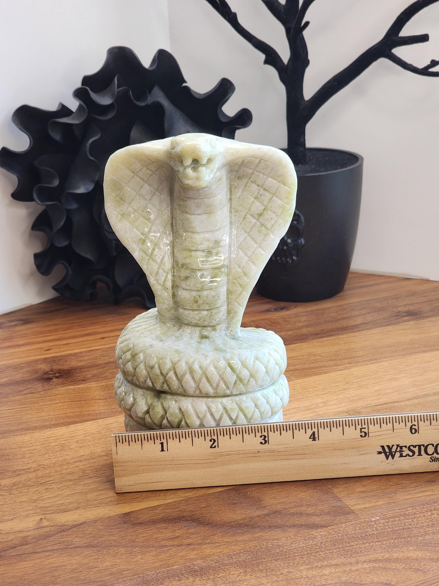 Jade Cobra Sculpture: White & Green Crystal - Large Coiled Stone Snake