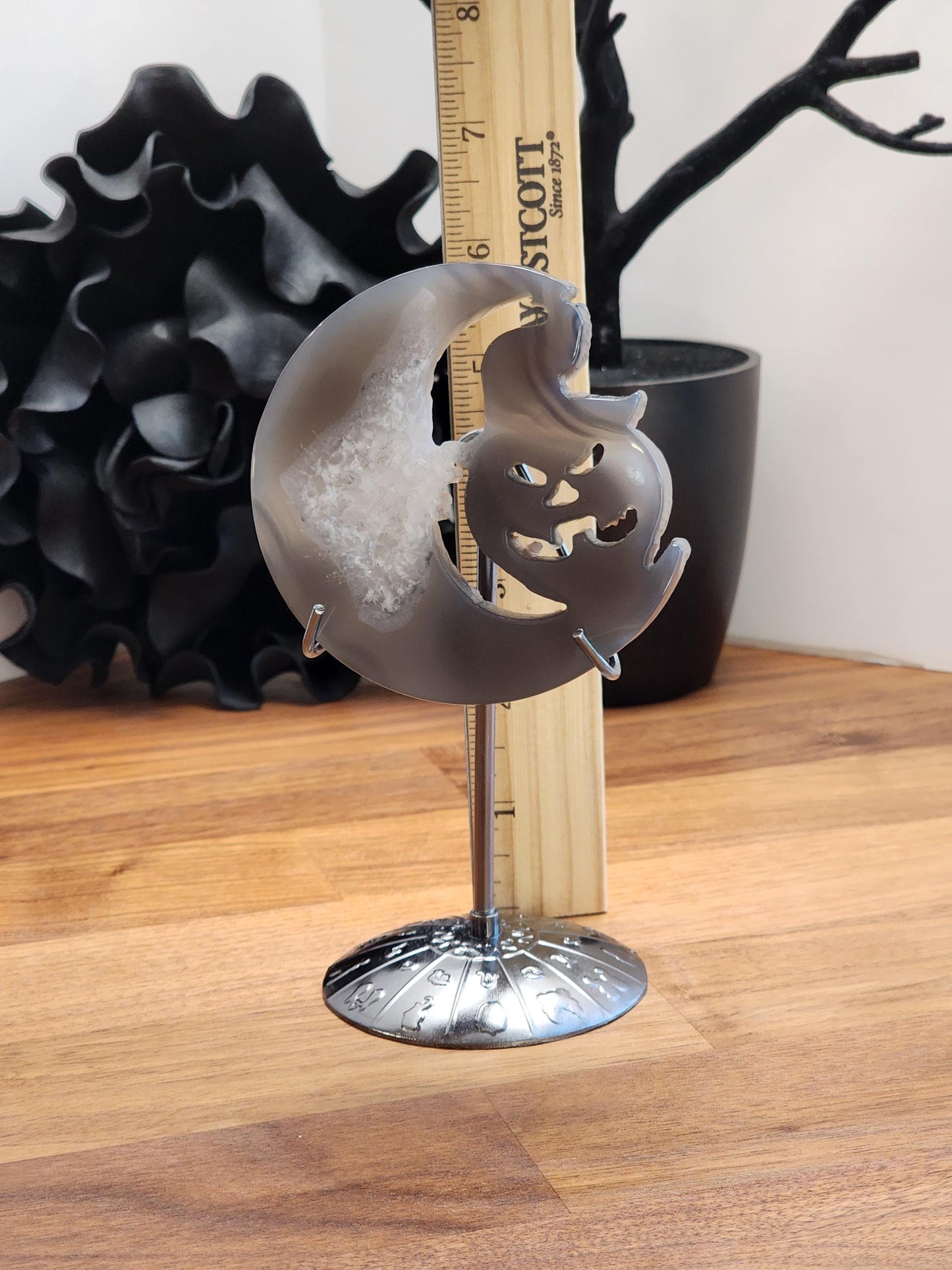 Druzy Moon & Halloween Pumpkin (Jack Black the Jack-O-Lantern) | Gray Spooky Season Decoration on Silver Stand | 3" - 6" Unique Display