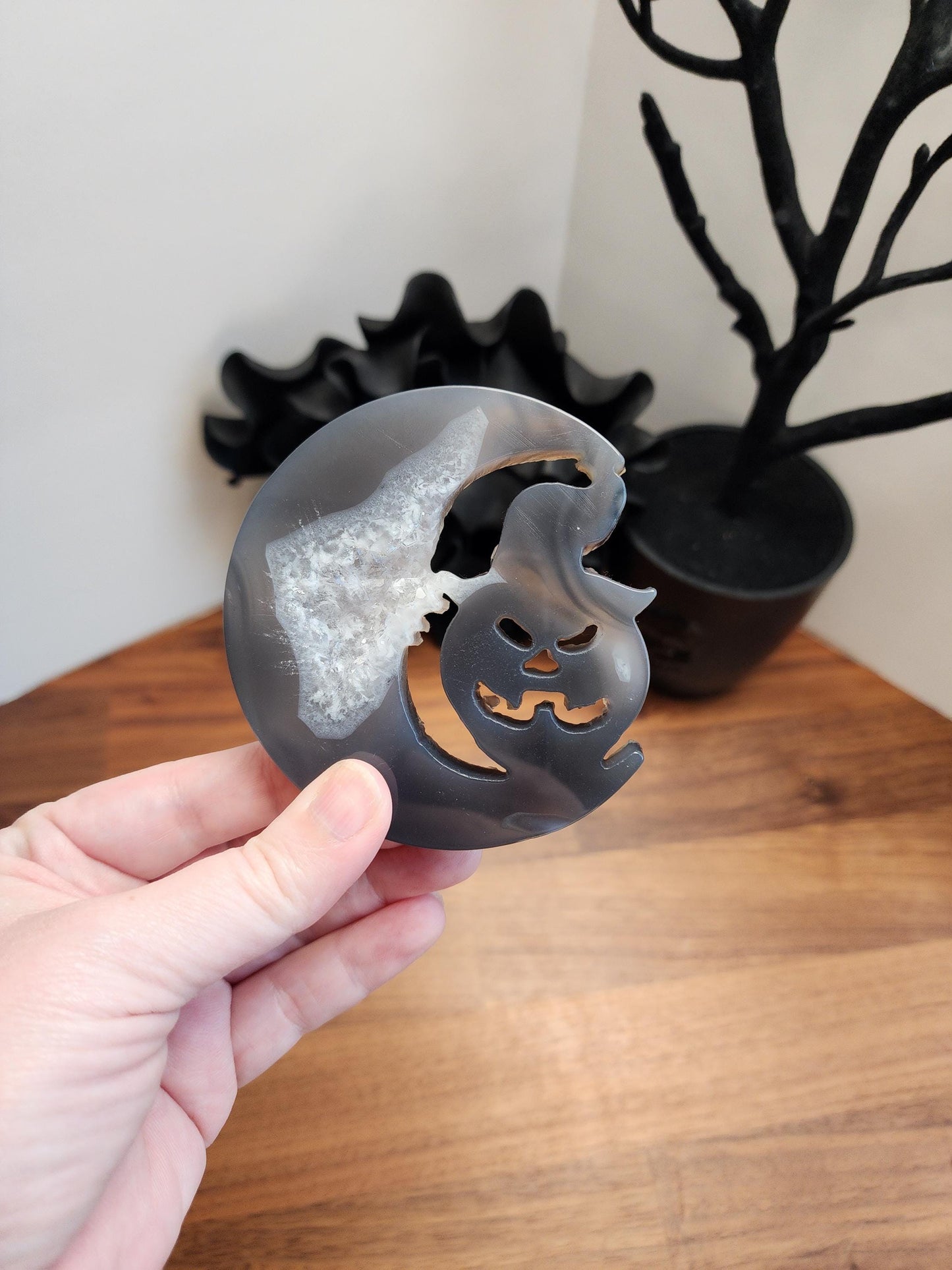 Druzy Moon & Halloween Pumpkin (Jack Black the Jack-O-Lantern) | Gray Spooky Season Decoration on Silver Stand | 3" - 6" Unique Display