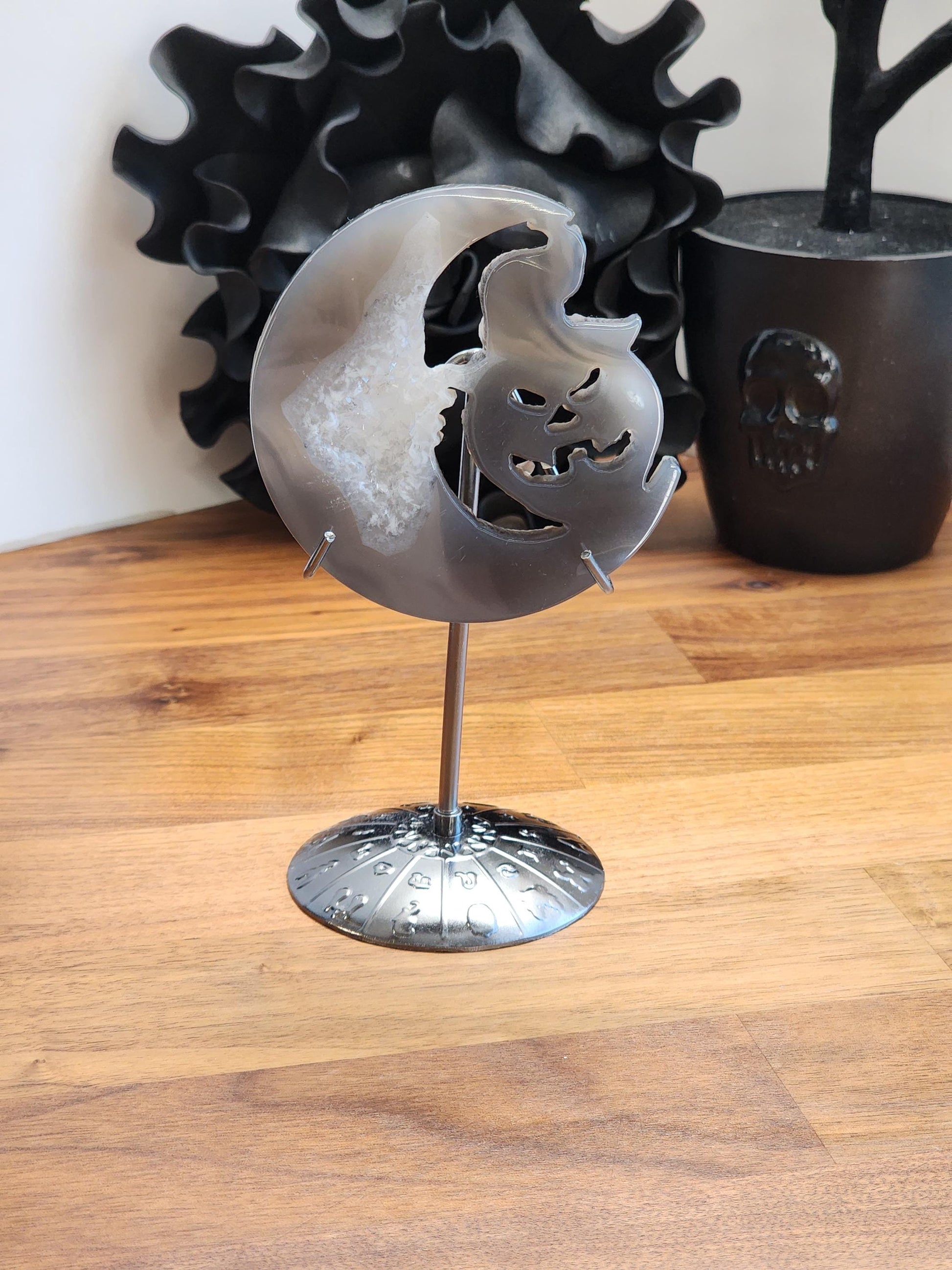 Druzy Moon & Halloween Pumpkin (Jack Black the Jack-O-Lantern) | Gray Spooky Season Decoration on Silver Stand | 3" - 6" Unique Display