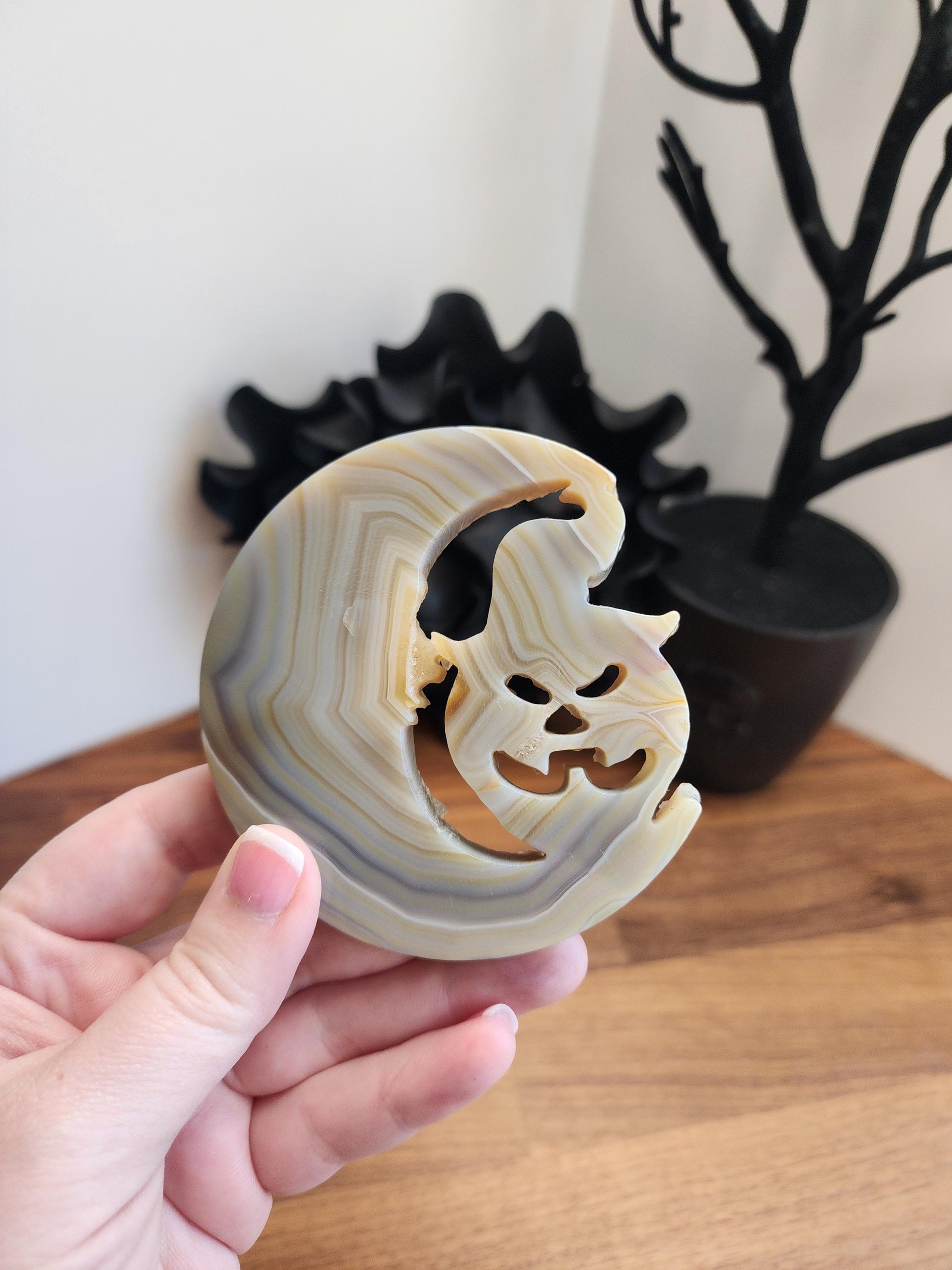 Gray Banded Agate Pumpkin Crystal - Bandit - Halloween Druzy Moon Decor