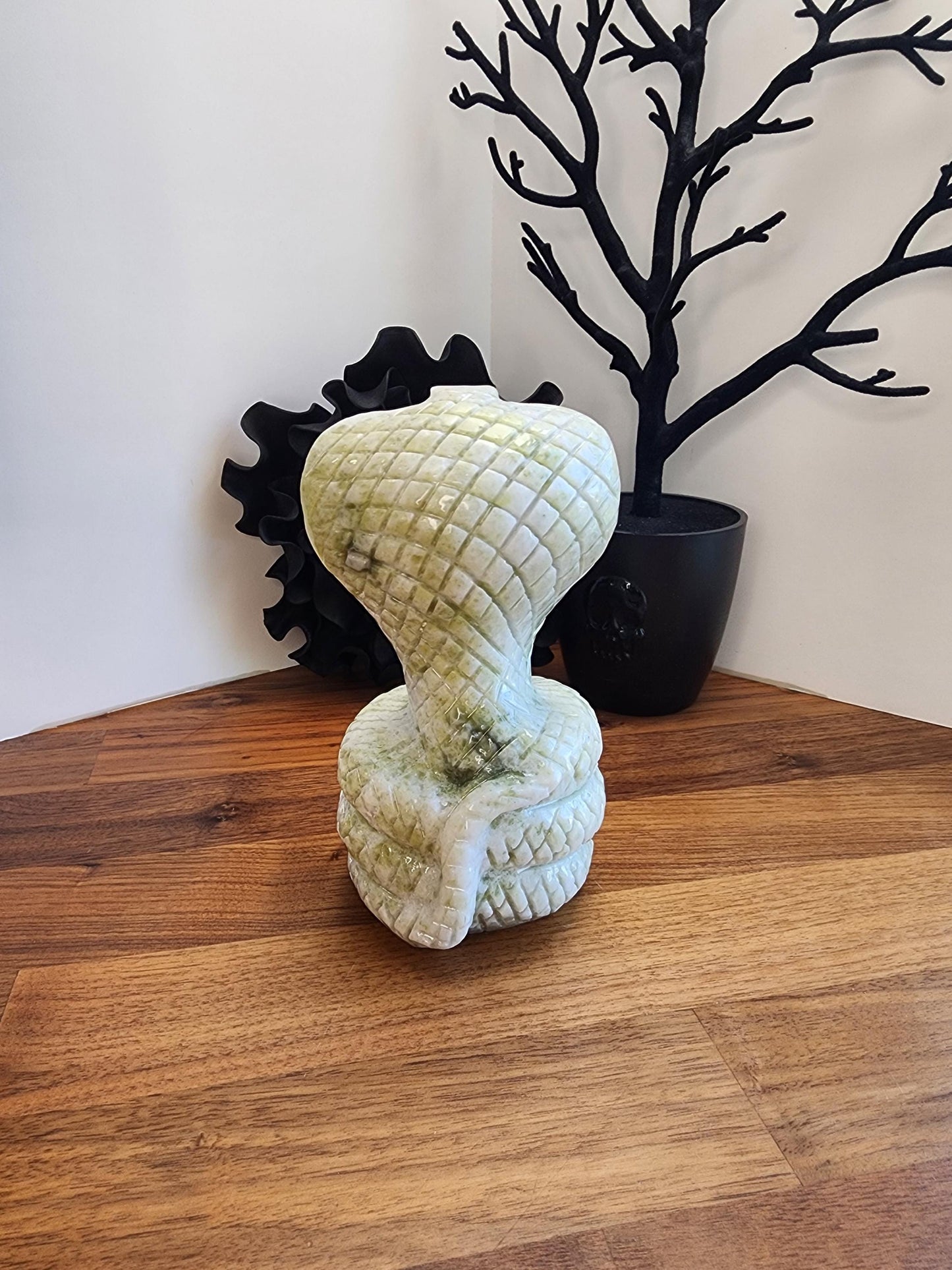 Jade Cobra Sculpture: White & Green Crystal - Large Coiled Stone Snake