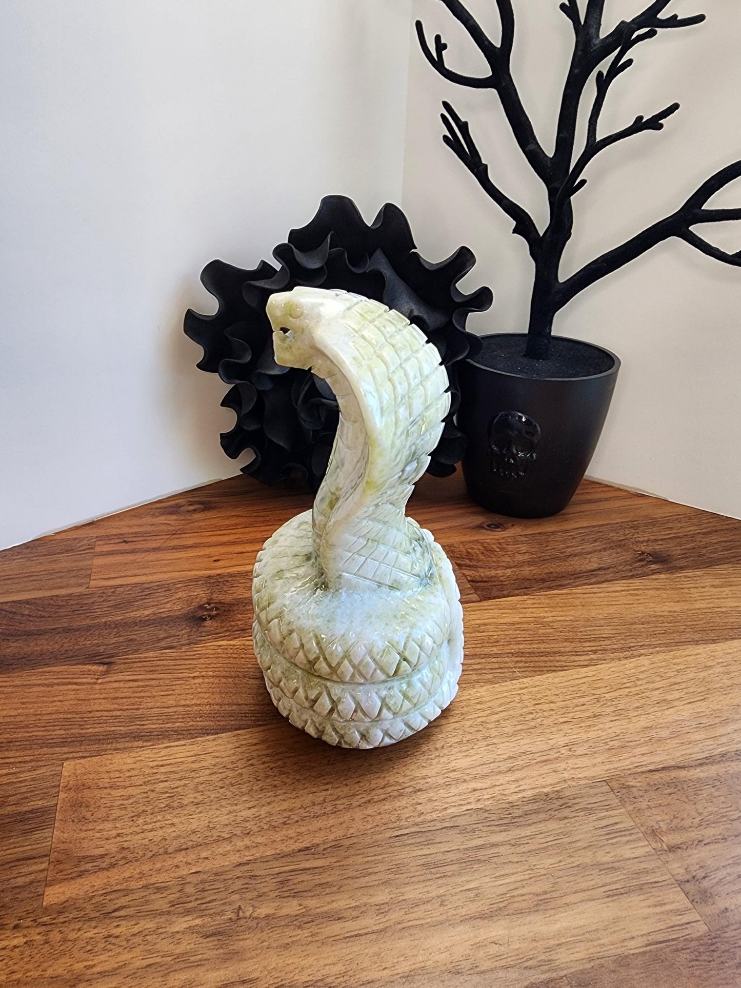 Jade Cobra Sculpture: White & Green Crystal - Large Coiled Stone Snake