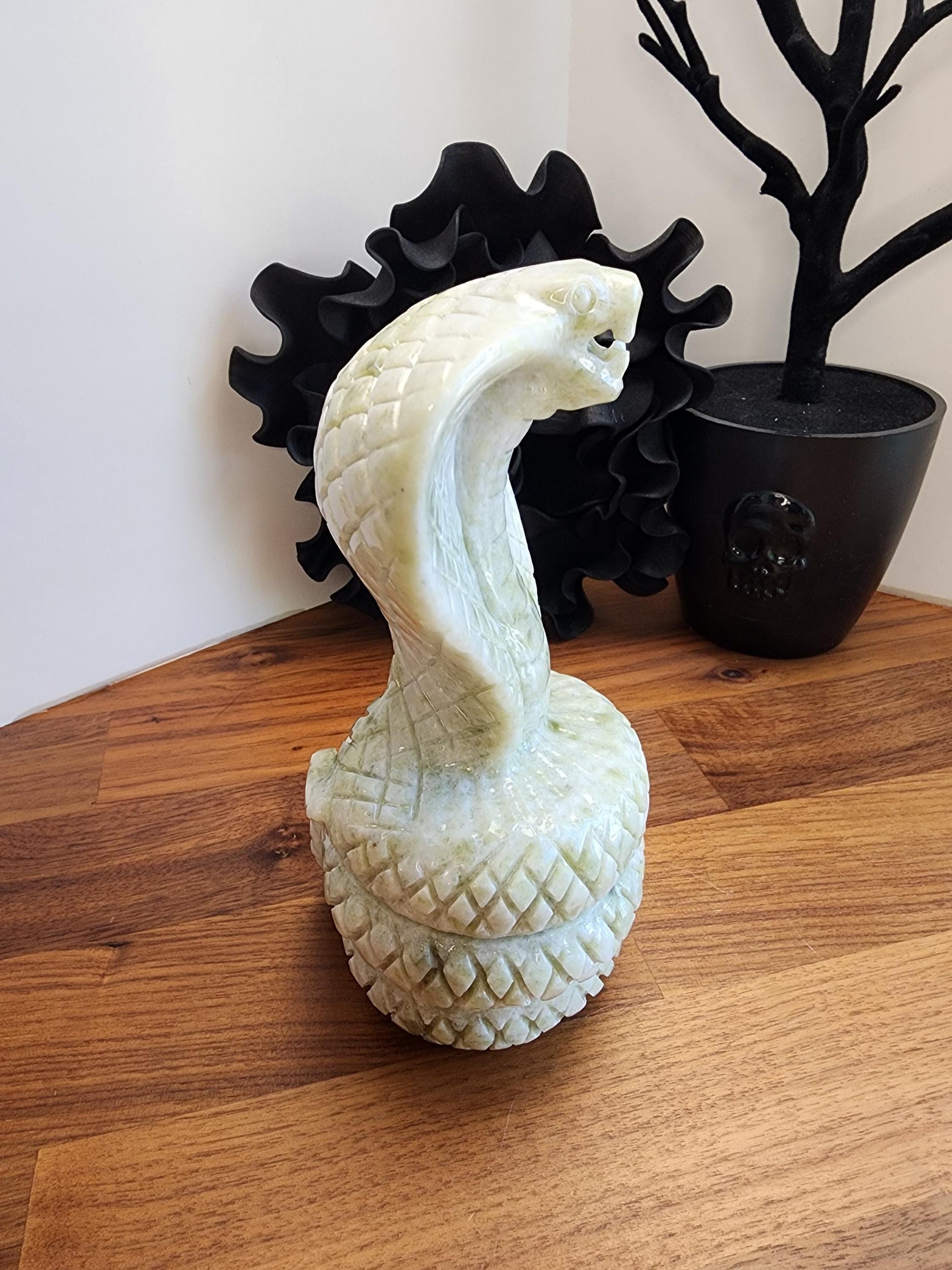 Jade Cobra Sculpture: White & Green Crystal - Large Coiled Stone Snake