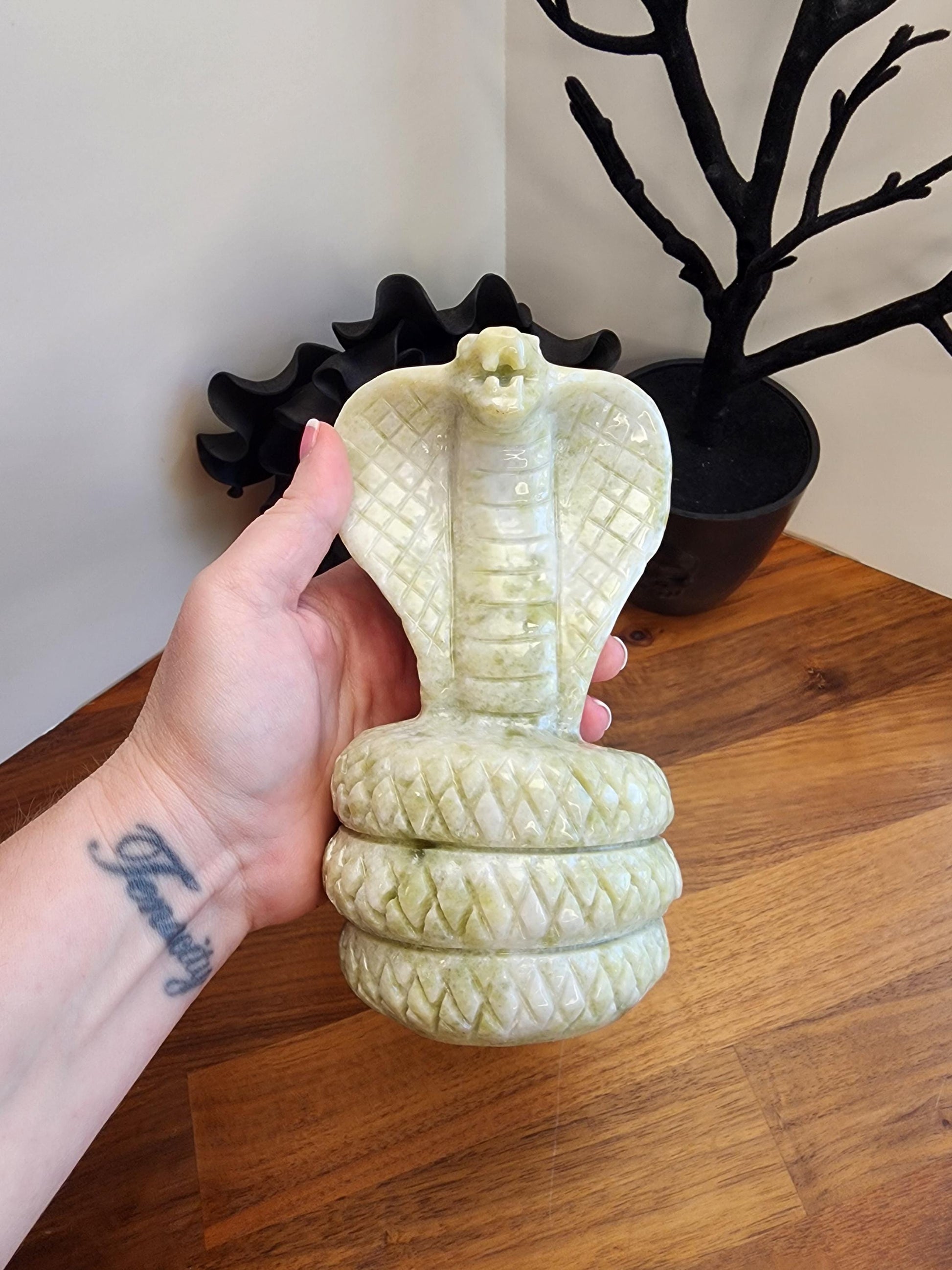 Jade Cobra Sculpture: White & Green Crystal - Large Coiled Stone Snake