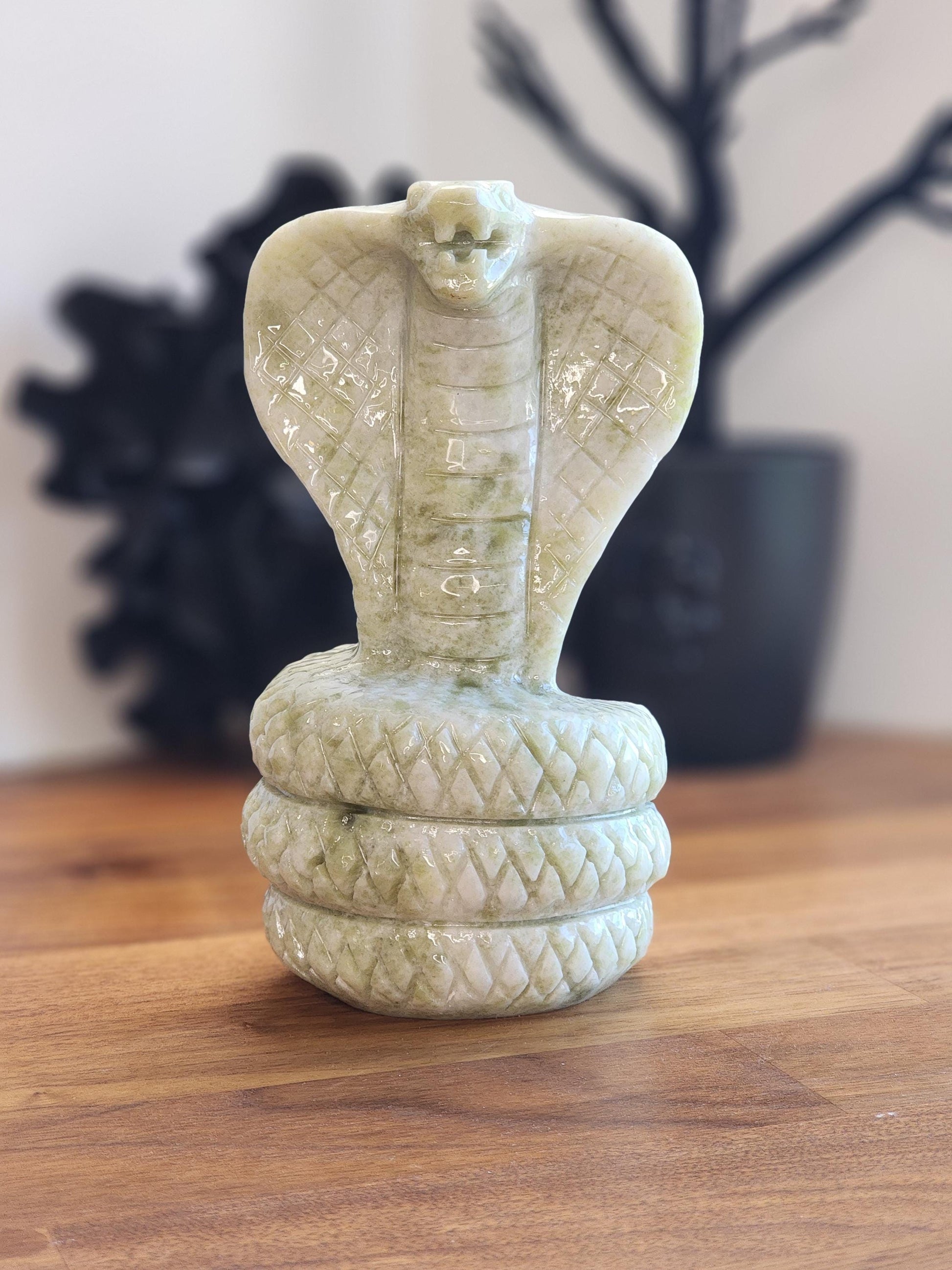 Jade Cobra Sculpture: White & Green Crystal - Large Coiled Stone Snake