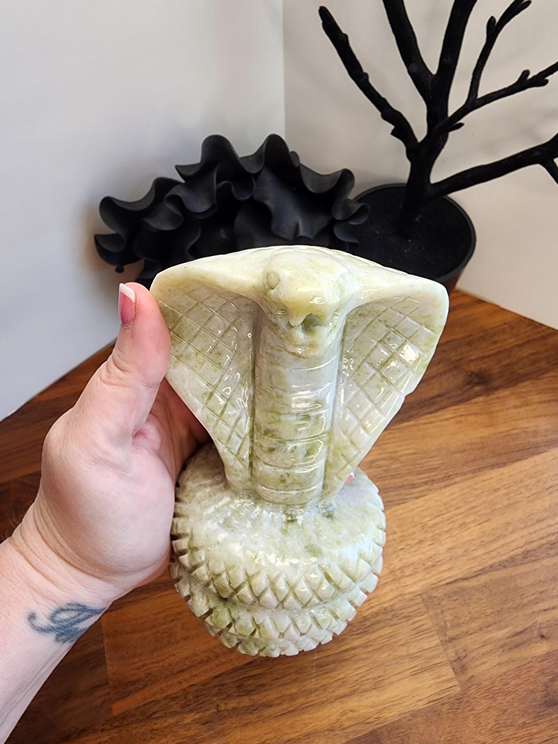 Jade Cobra Sculpture: White & Green Crystal - Large Coiled Stone Snake