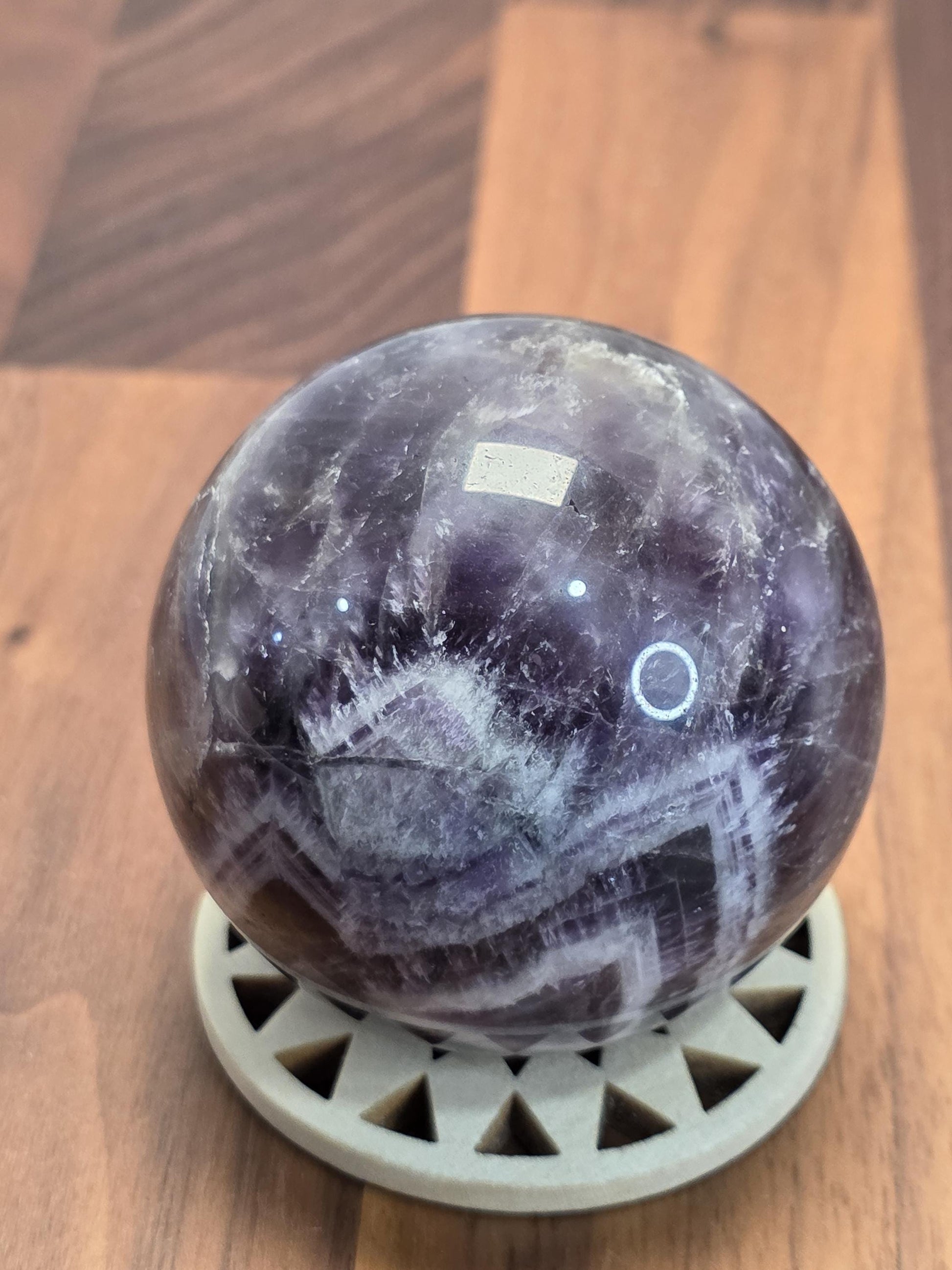 Crystal Sphere Amethyst Chevron Patterns, 63mm Gemstone Ball (Natural Fluorite, Unique Home Decor, Dreamcore Style)