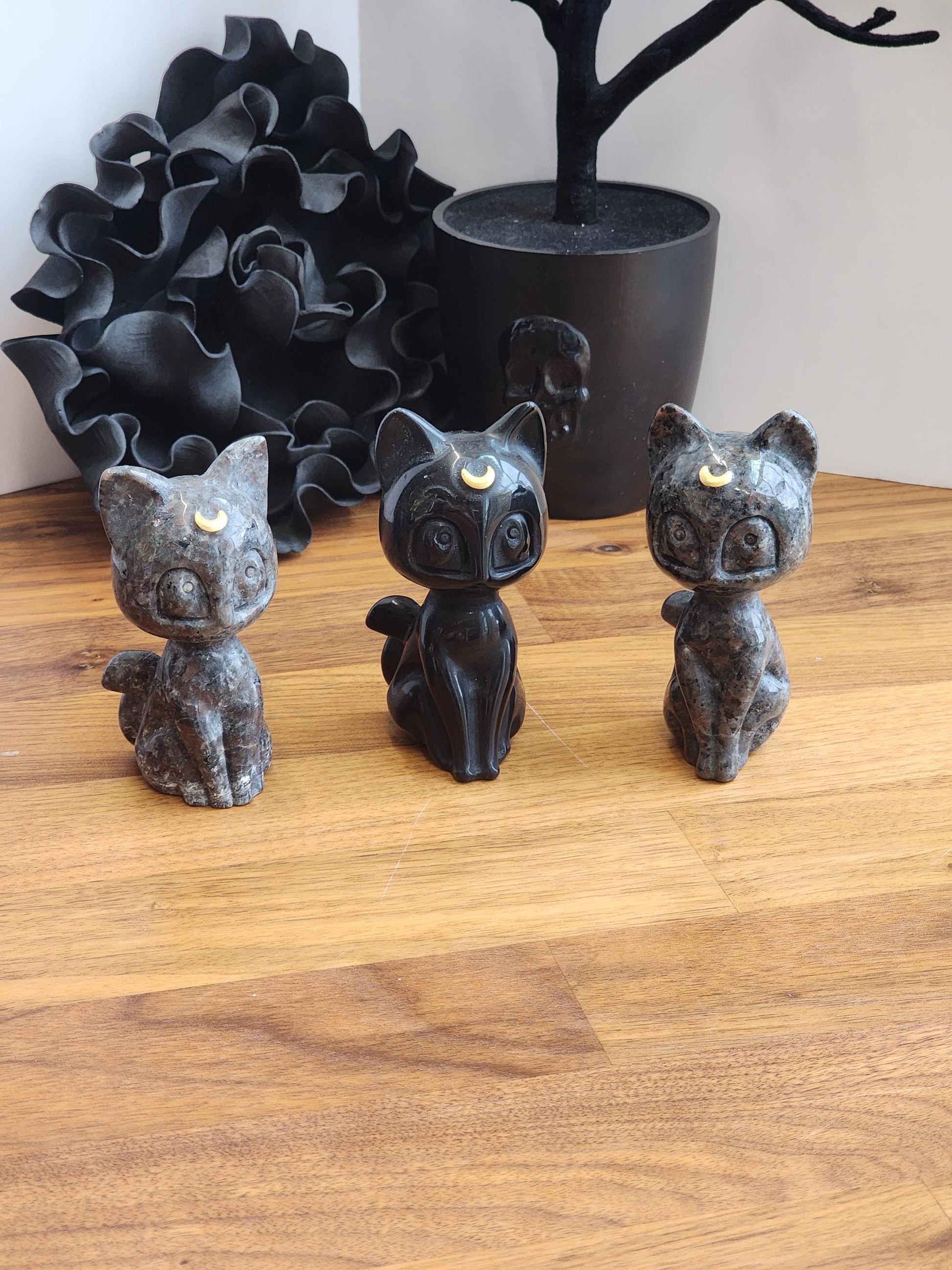 Lunar Crystal Cat Figurine: Hand Carved Stone, Purple & Black