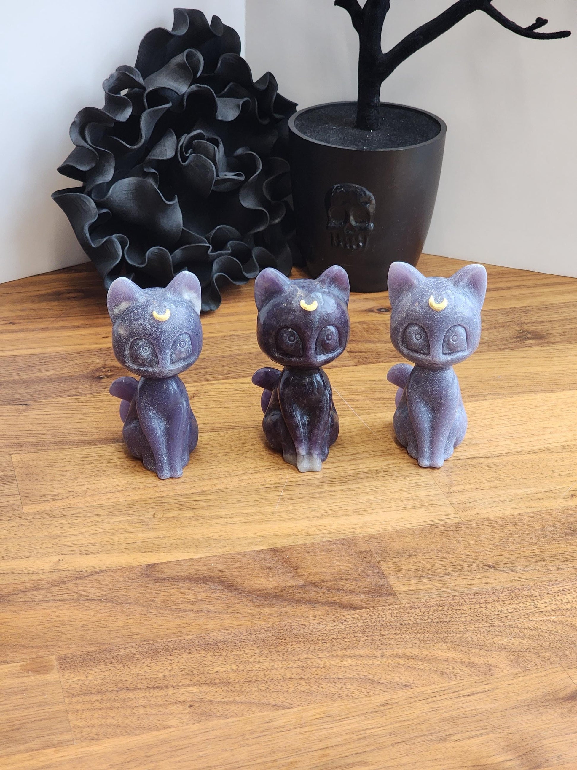 Lunar Crystal Cat Figurine: Hand Carved Stone, Purple & Black