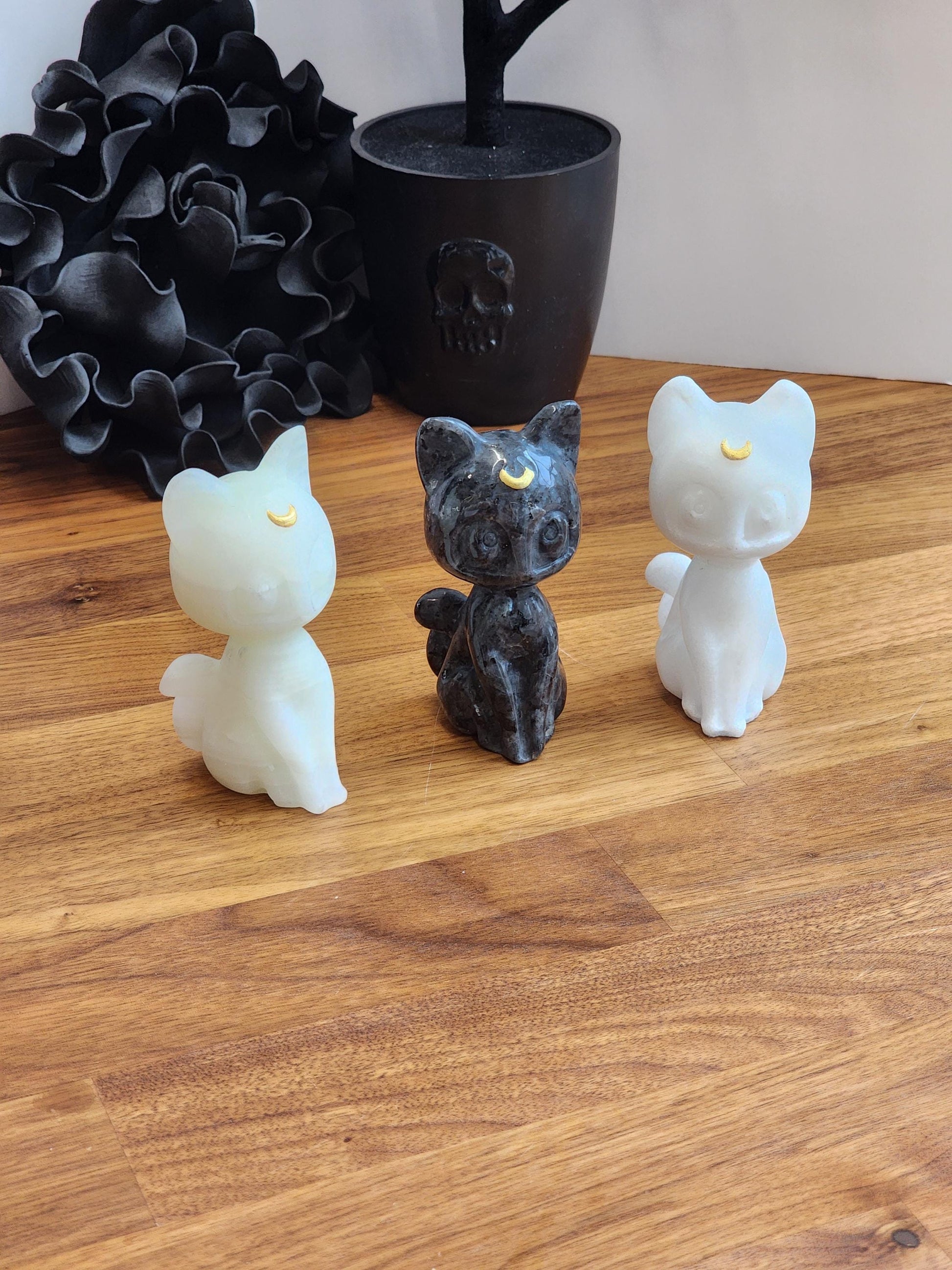 Lunar Crystal Cat Figurine: Hand Carved Stone, Purple & Black