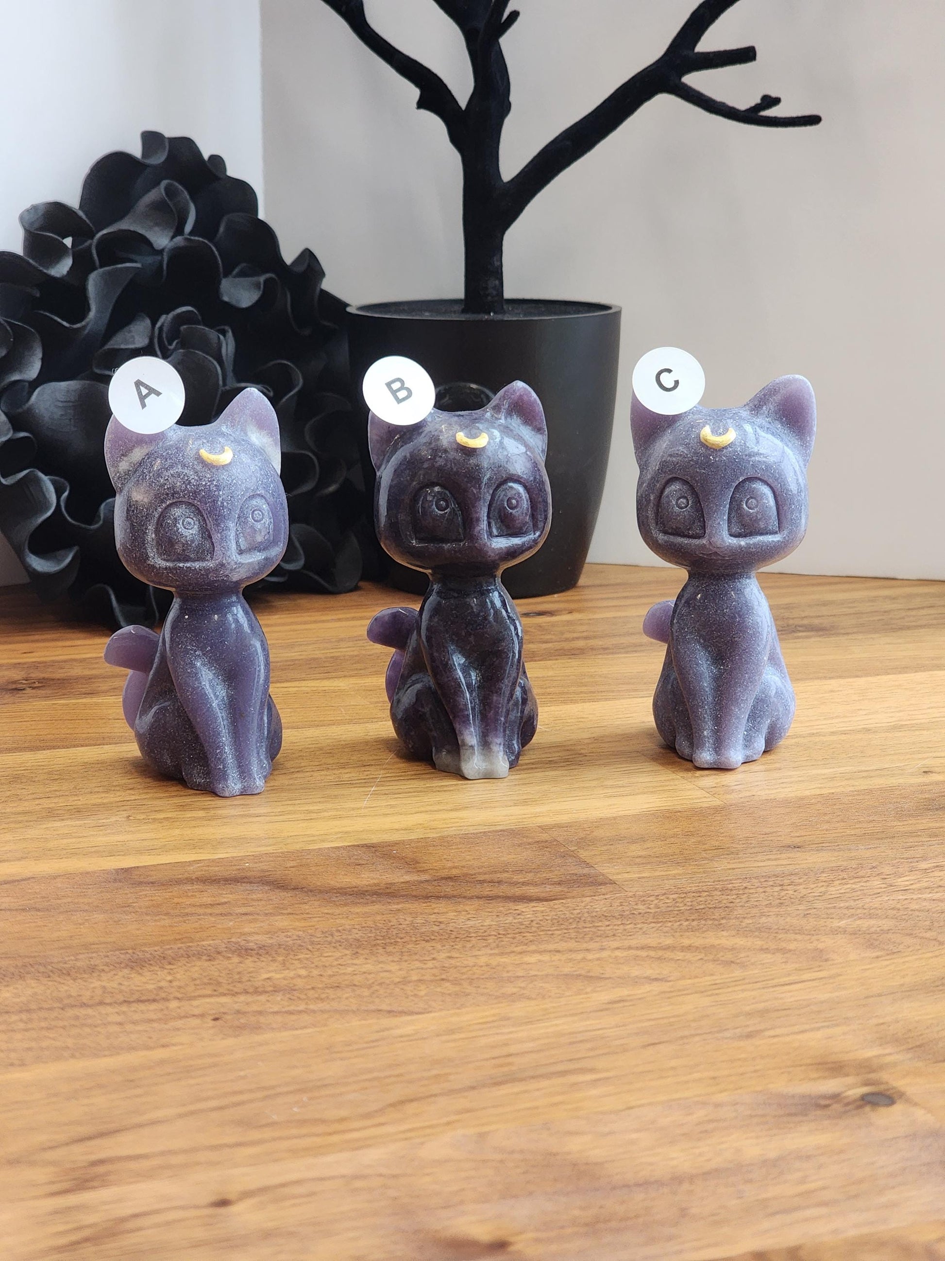 Lunar Crystal Cat Figurine: Hand Carved Stone, Purple & Black