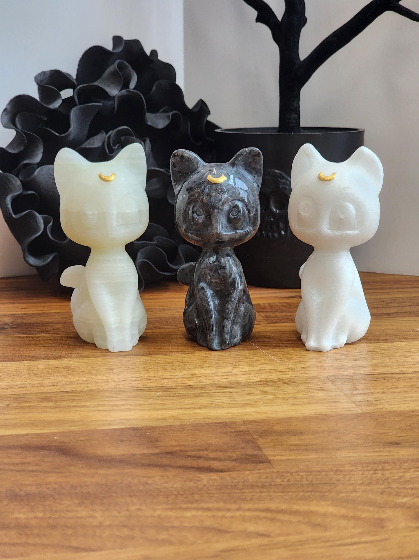 Lunar Crystal Cat Figurine: Hand Carved Stone, Purple & Black