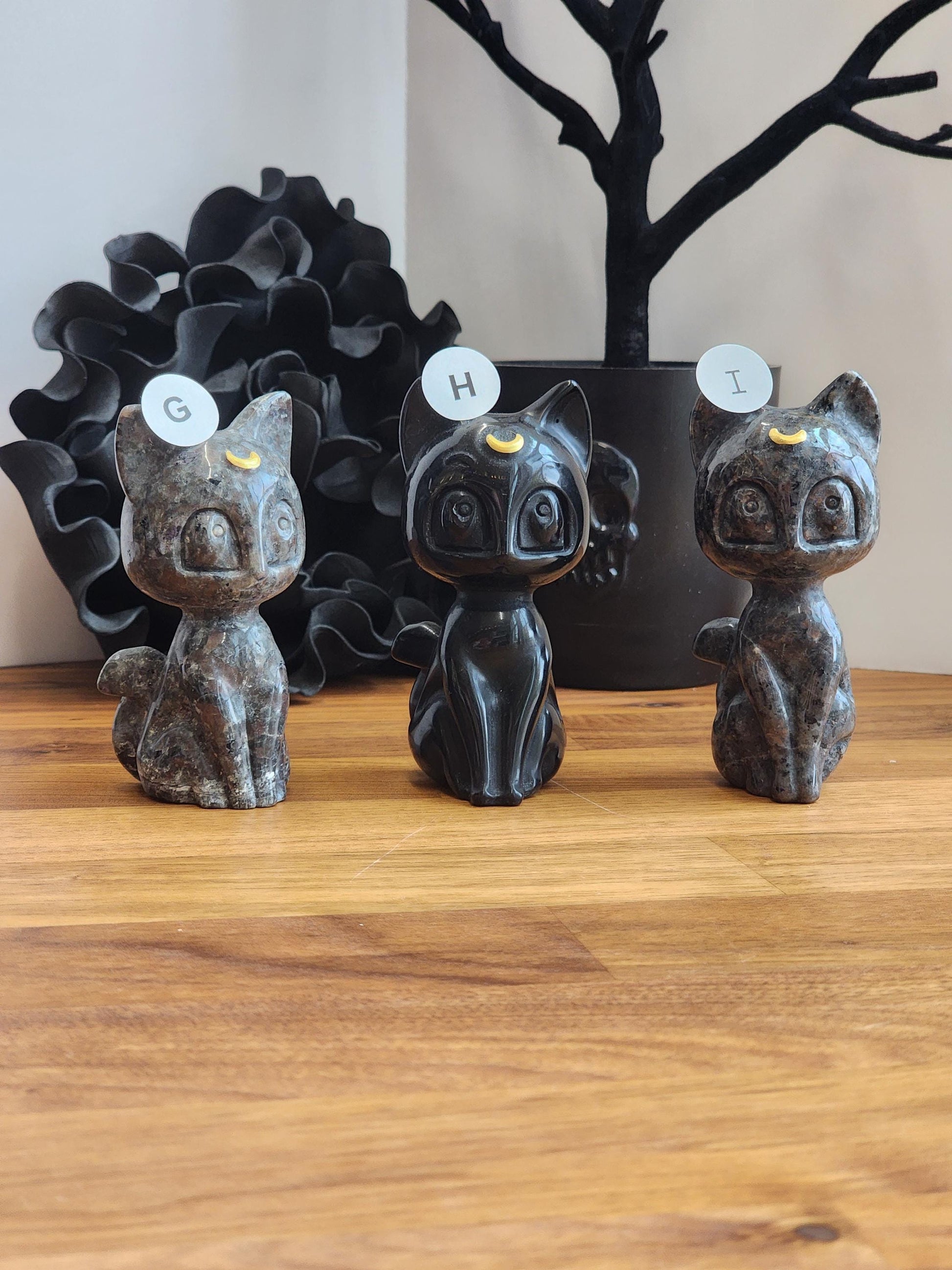 Lunar Crystal Cat Figurine: Hand Carved Stone, Purple & Black