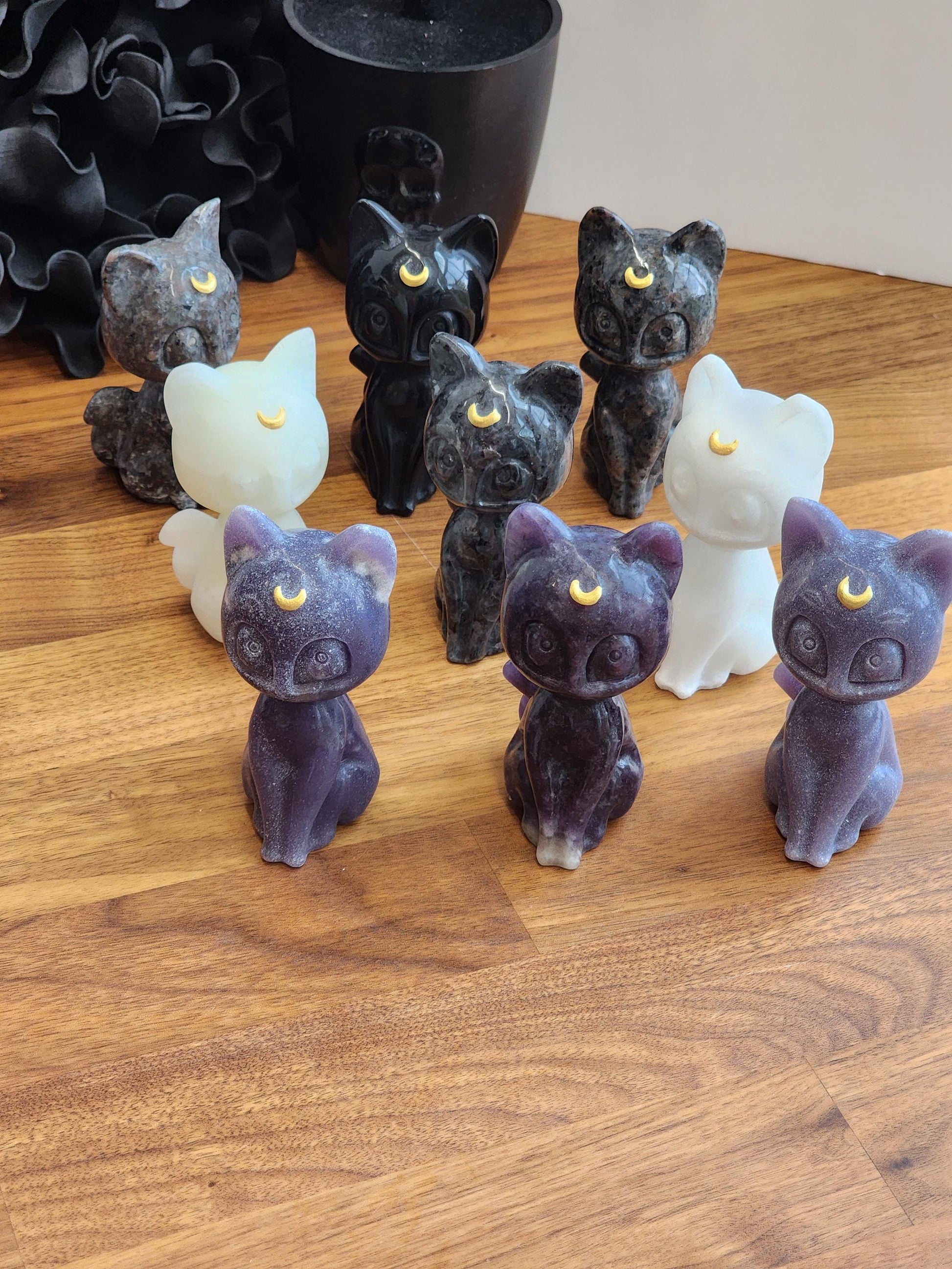 Lunar Crystal Cat Figurine: Hand Carved Stone, Purple & Black