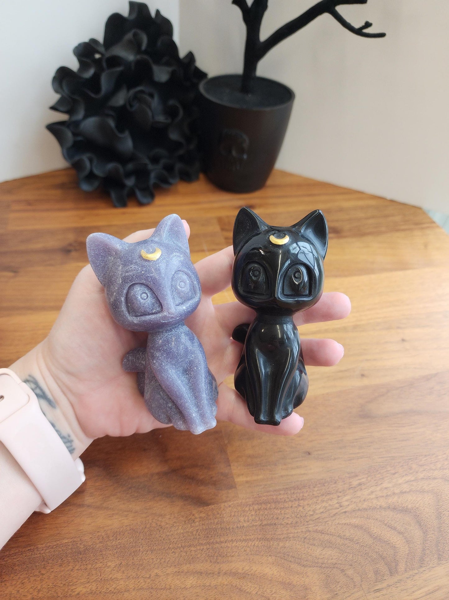 Lunar Crystal Cat Figurine: Hand Carved Stone, Purple & Black