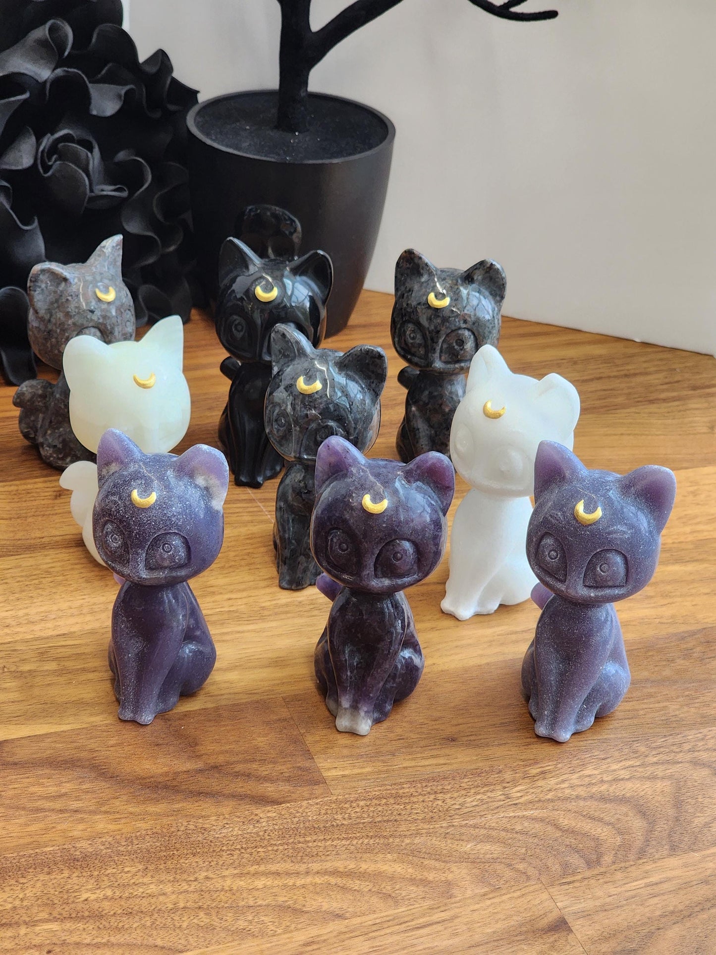 Lunar Crystal Cat Figurine: Hand Carved Stone, Purple & Black