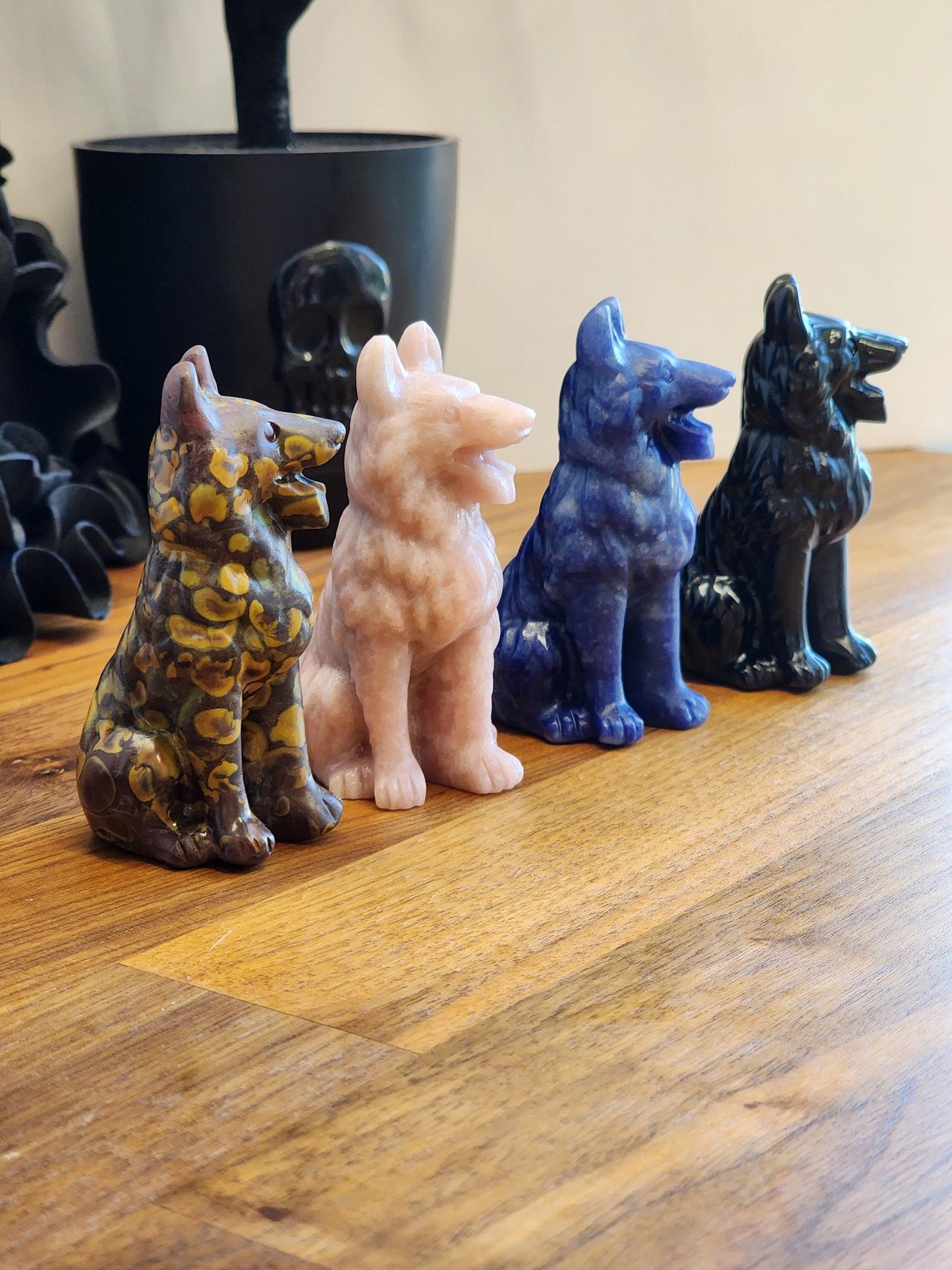 German Shepherd Crystal Carving: Brown, Black & Gray Stone - Rainbow Bridge Tribute