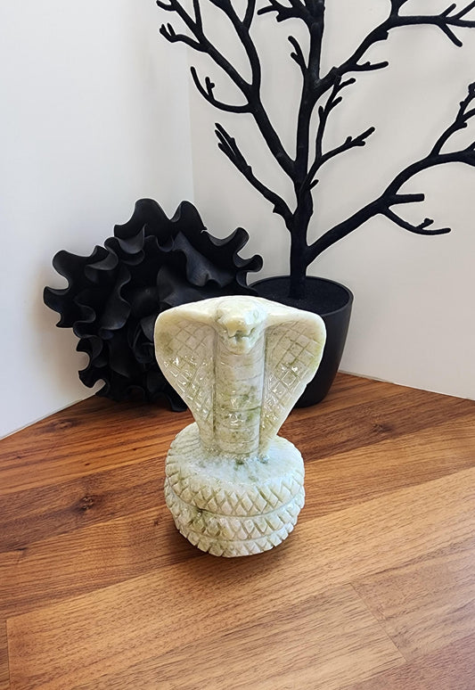 Jade Cobra Sculpture: White & Green Crystal - Large Coiled Stone Snake