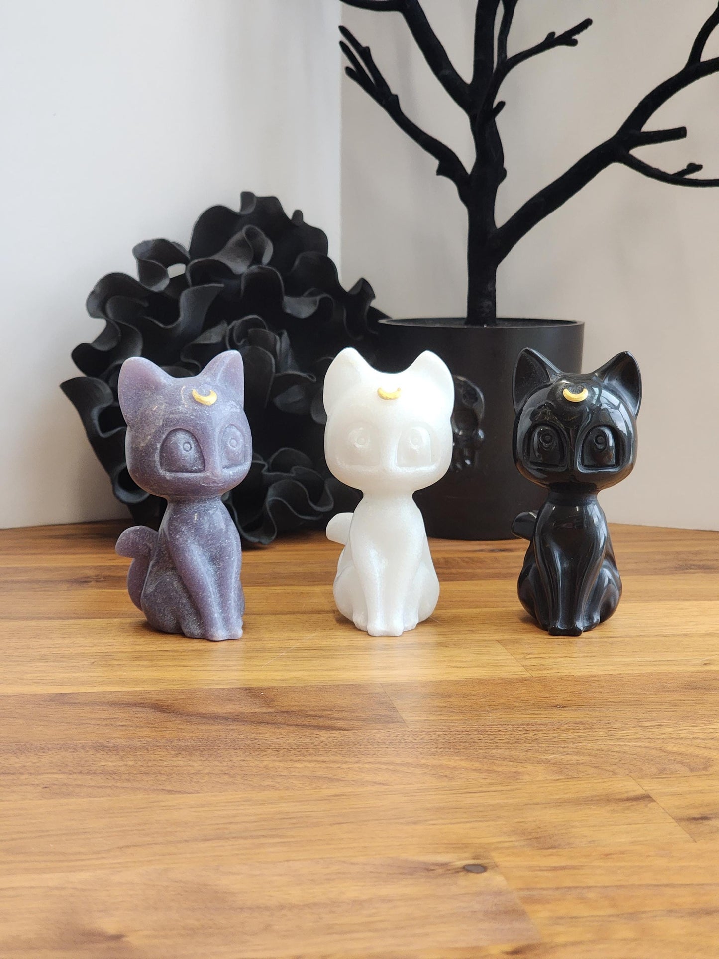 Lunar Crystal Cat Figurine: Hand Carved Stone, Purple & Black