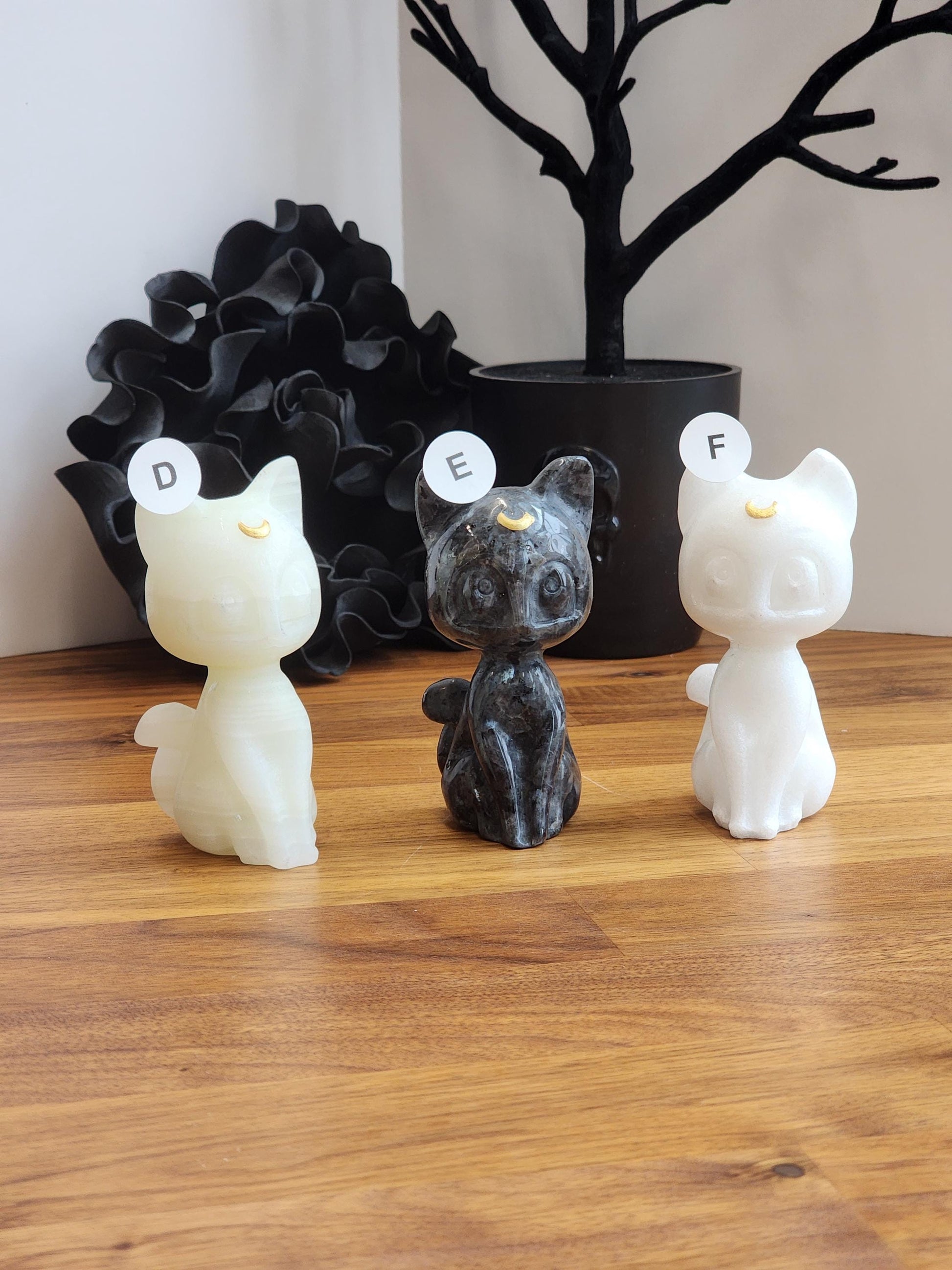 Lunar Crystal Cat Figurine: Hand Carved Stone, Purple & Black