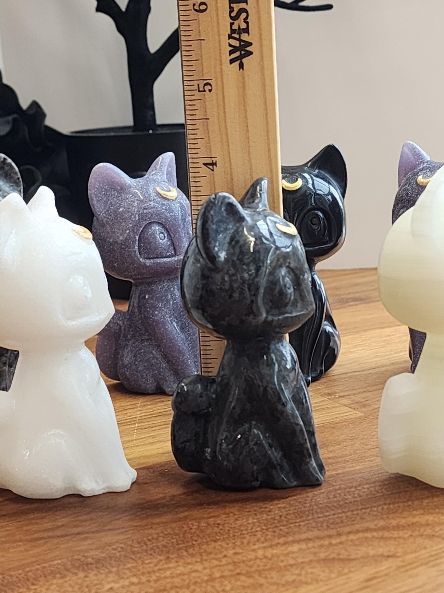 Lunar Crystal Cat Figurine: Hand Carved Stone, Purple & Black