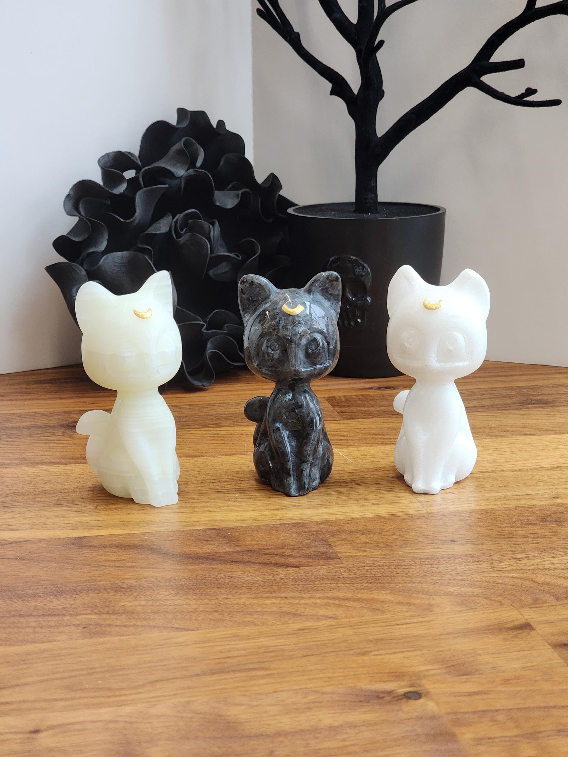 Lunar Crystal Cat Figurine: Hand Carved Stone, Purple & Black