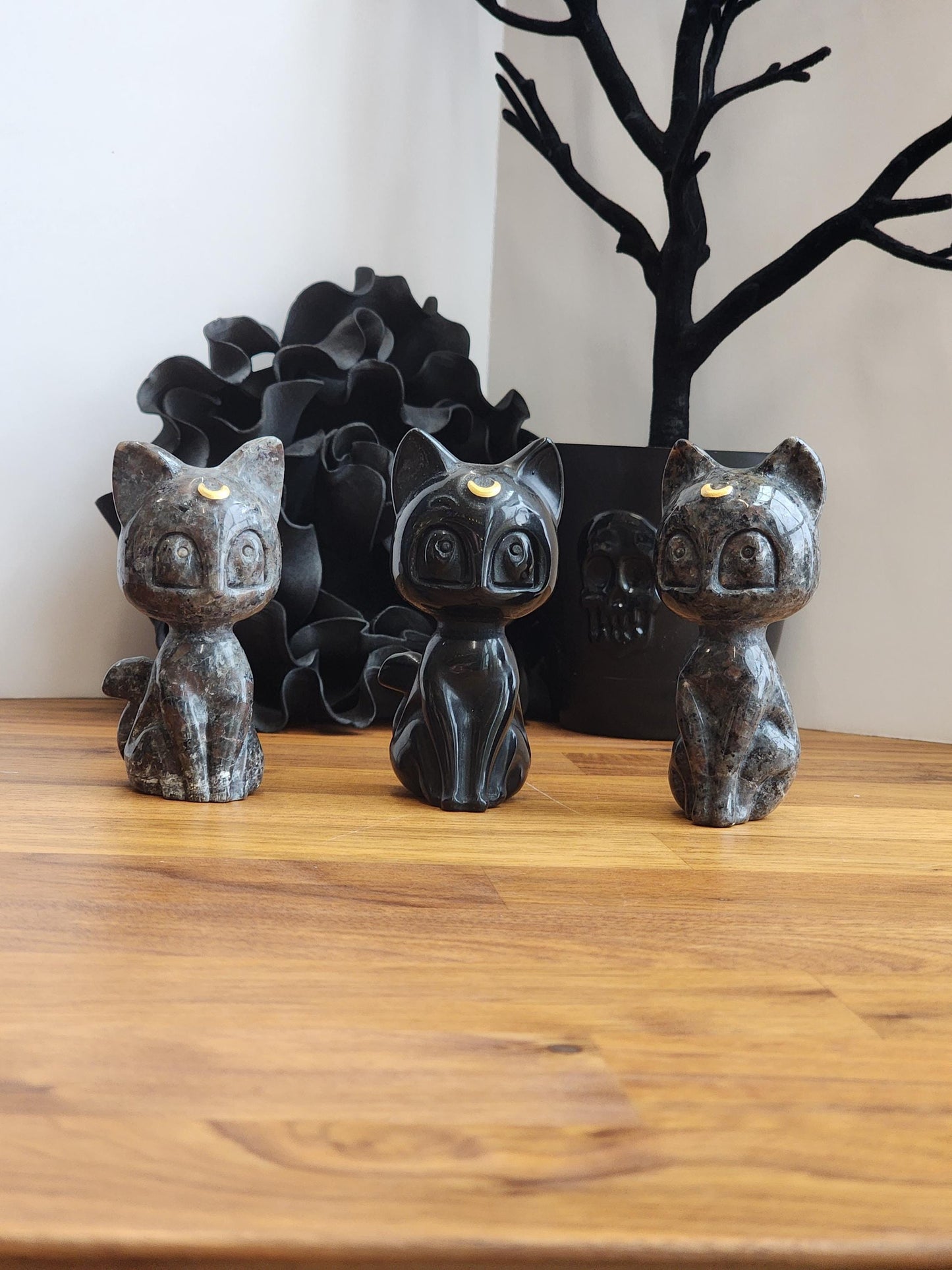Lunar Crystal Cat Figurine: Hand Carved Stone, Purple & Black