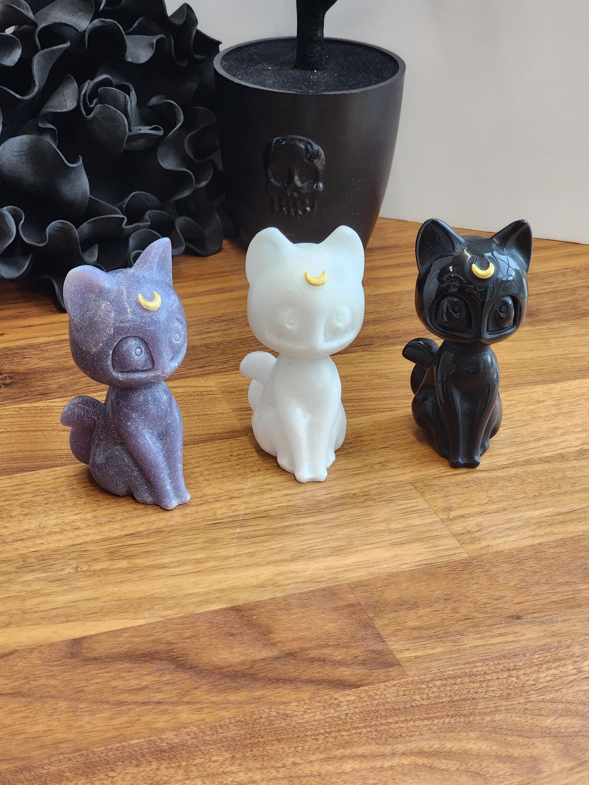 Lunar Crystal Cat Figurine: Hand Carved Stone, Purple & Black