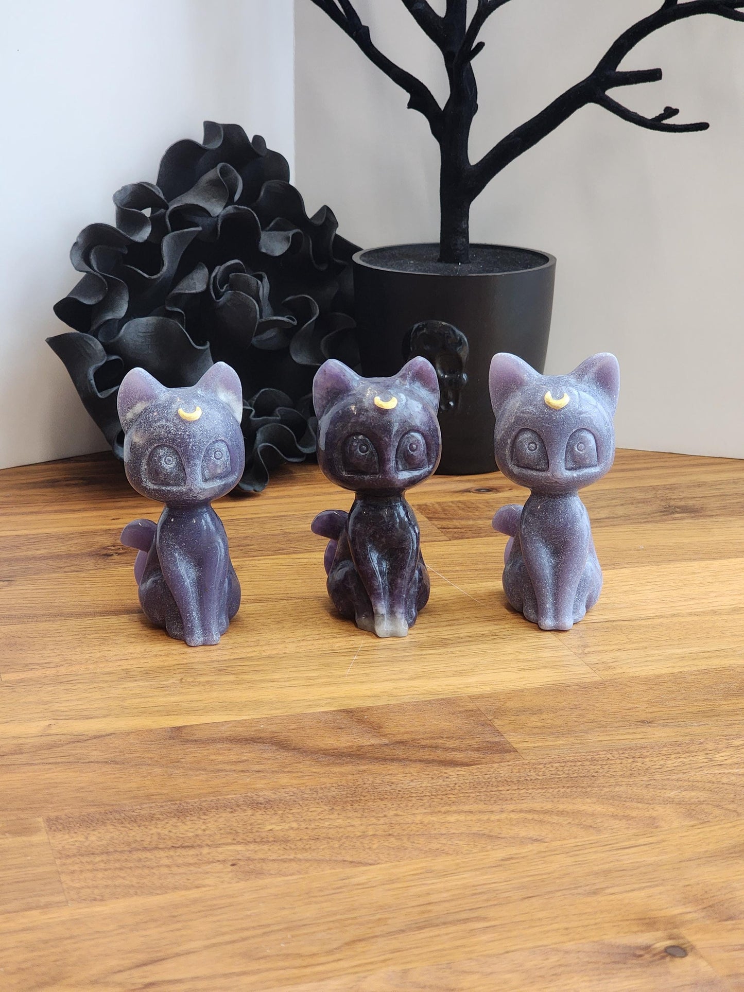 Lunar Crystal Cat Figurine: Hand Carved Stone, Purple & Black