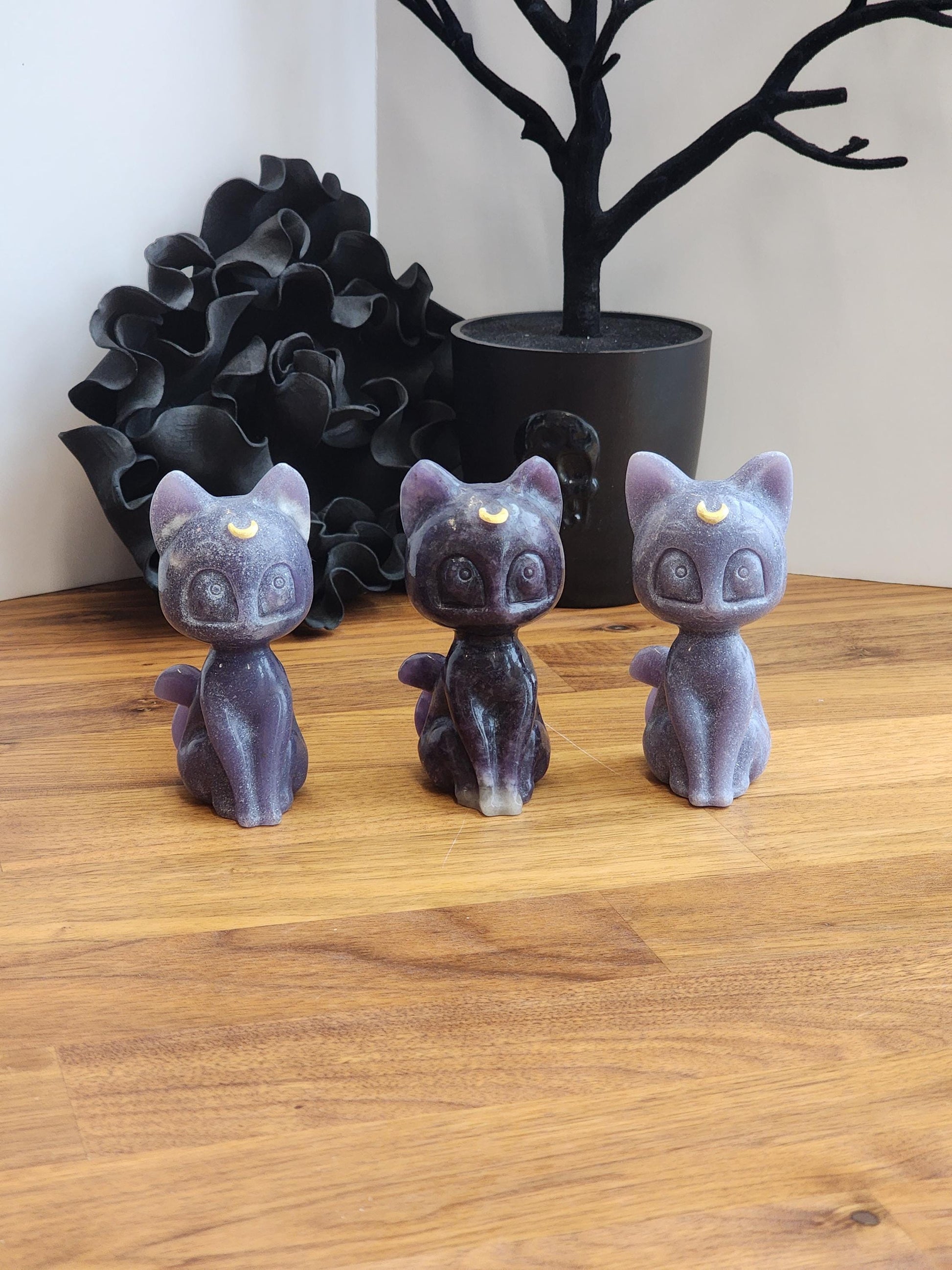 Lunar Crystal Cat Figurine: Hand Carved Stone, Purple & Black