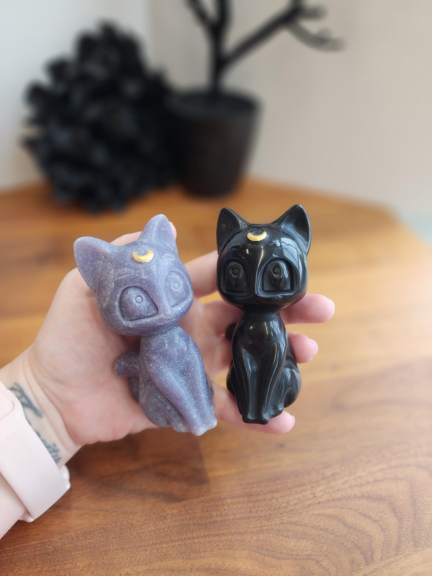 Lunar Crystal Cat Figurine: Hand Carved Stone, Purple & Black