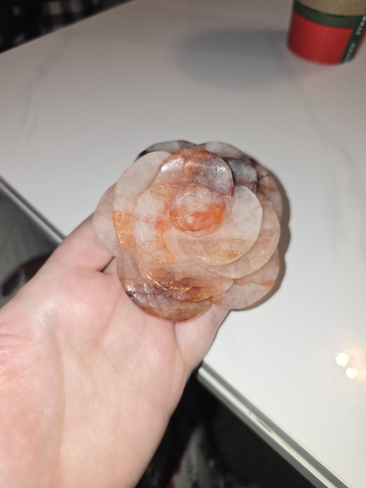 Inv - Fire Quartz Crystal Rose | Red Hematoid Flames & Rainbow Glitter | Beautiful Anniversary or Valentine Gift for a Special Day