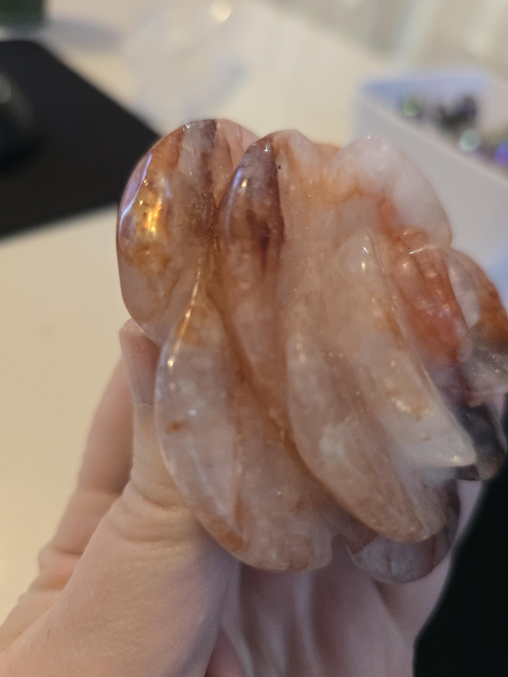 Fire Quartz Rose Crystal: Red Hematoid Inclusions, Rainbow Sheen | Carved Gemstone, Unique Home Accent | 3 inch