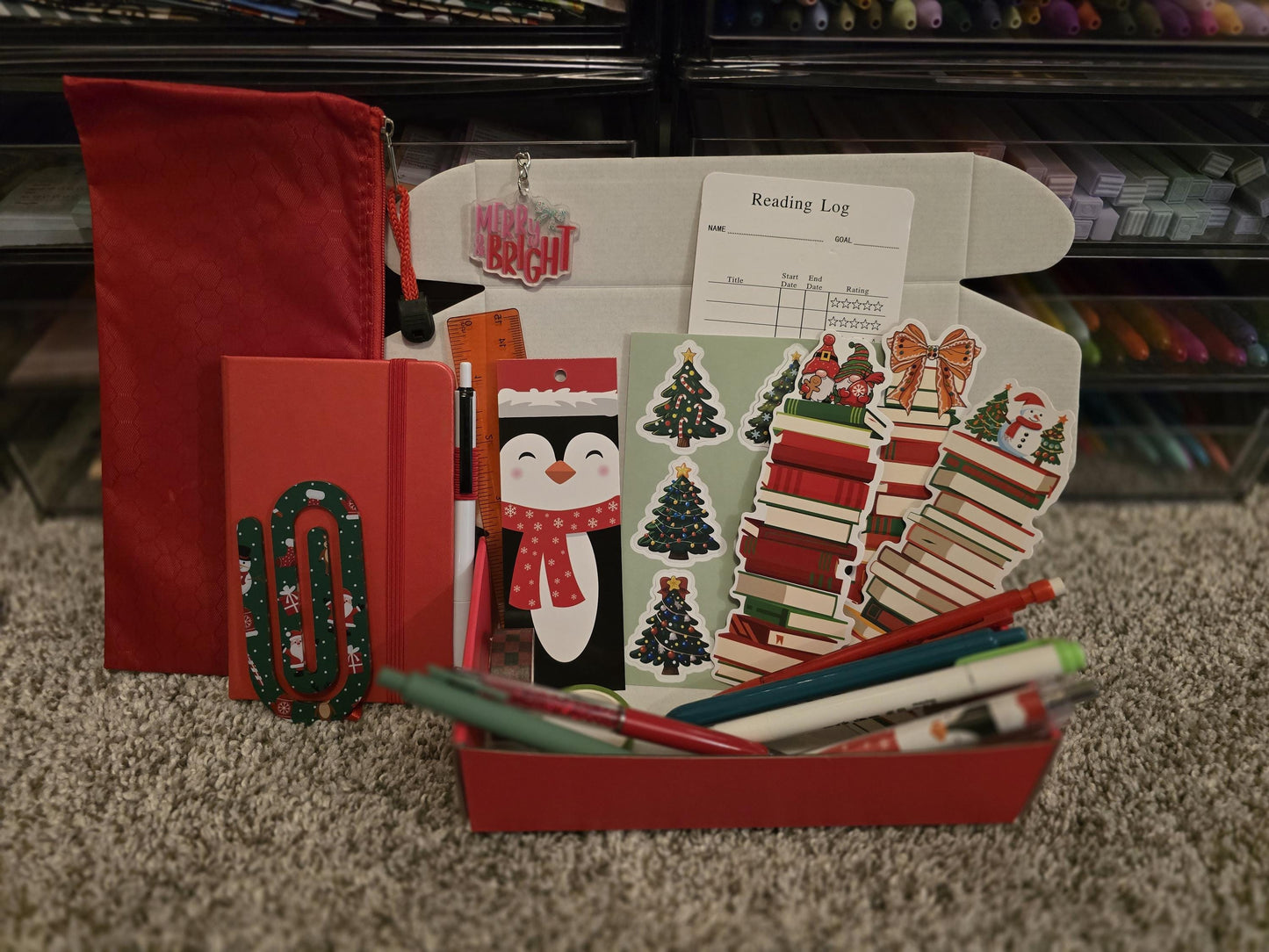 Holiday Bookish Bundle: Notebook, Pens, Bookmarks - Festive Gift Box