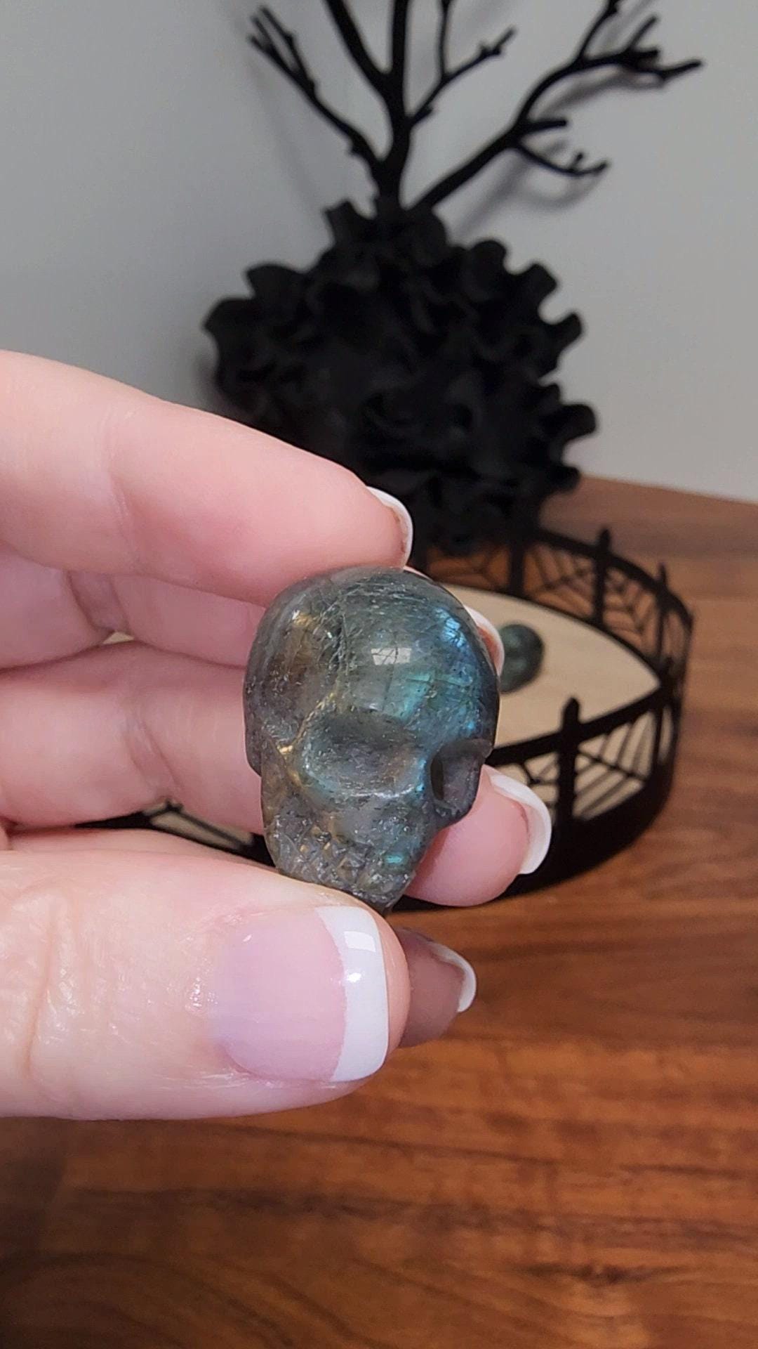 Labradorite Mini Skull - Flashy Crystal, Spooky Season Decor