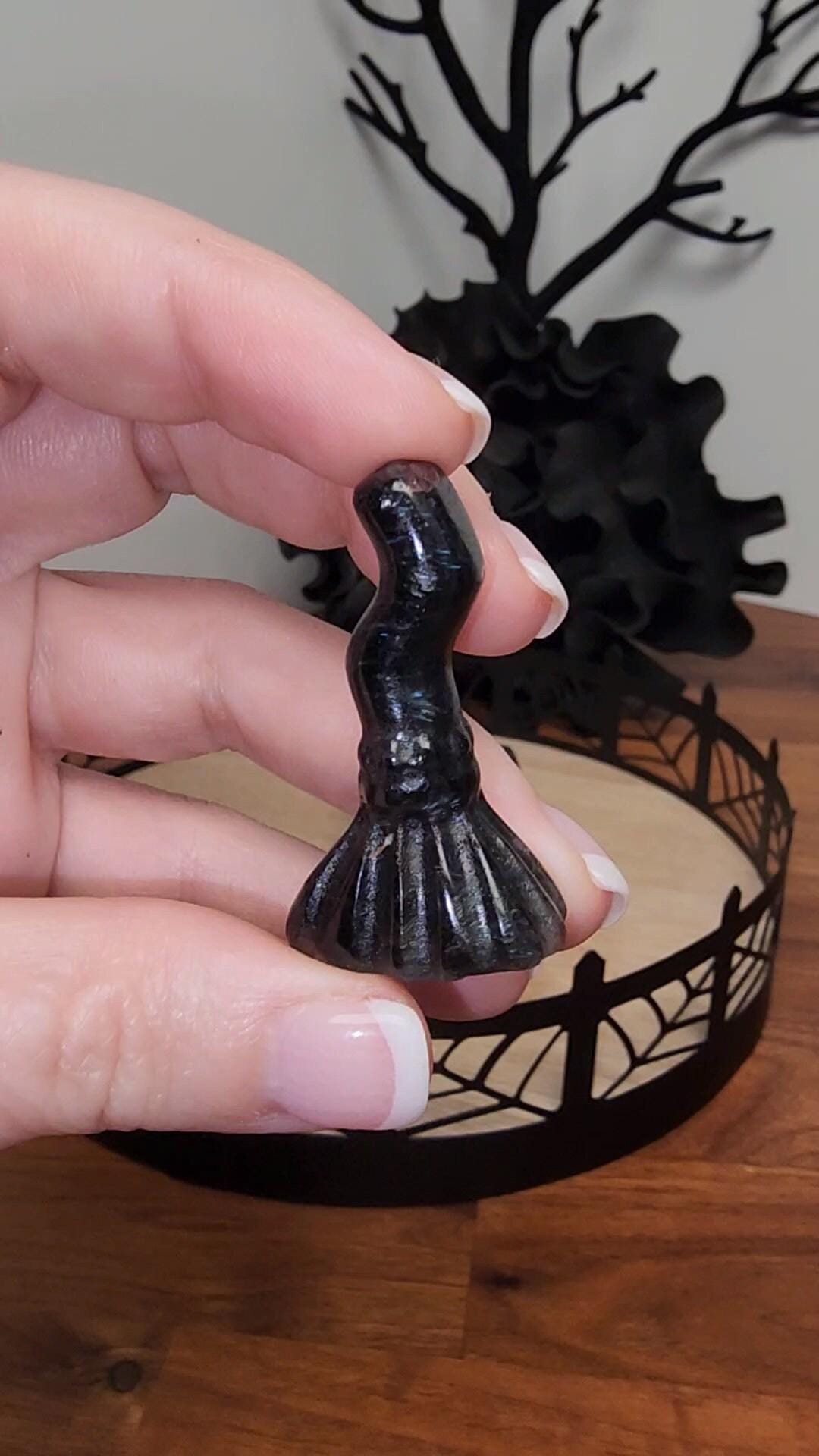Mini Witch’s Broom Charm - Crystal Stone for Altar or Spooky Decor