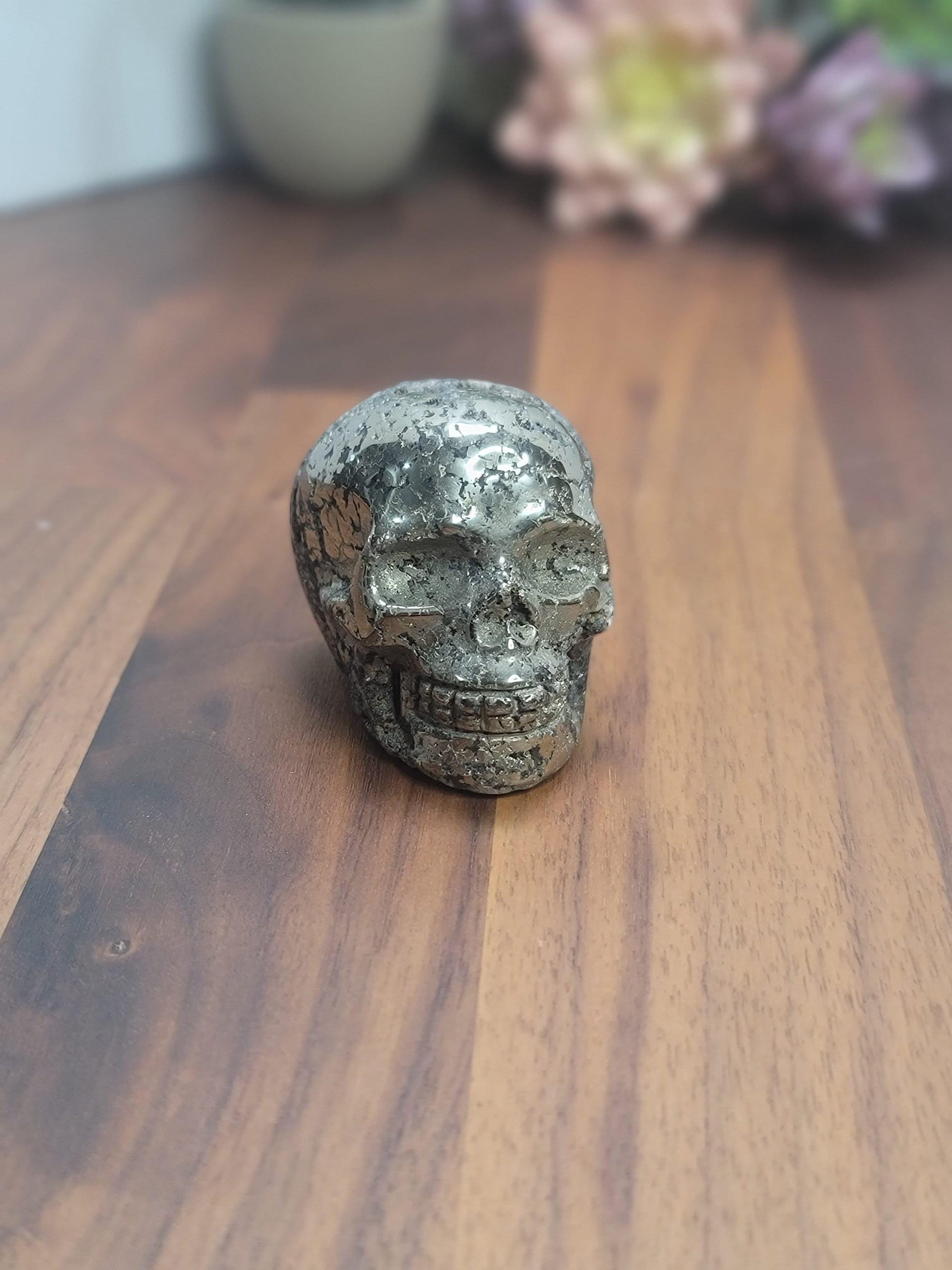 Pretty Pyrite Crystal Skull Carving | 2.4 X 1.7 Inches | Gold and Black | Only 1 Available