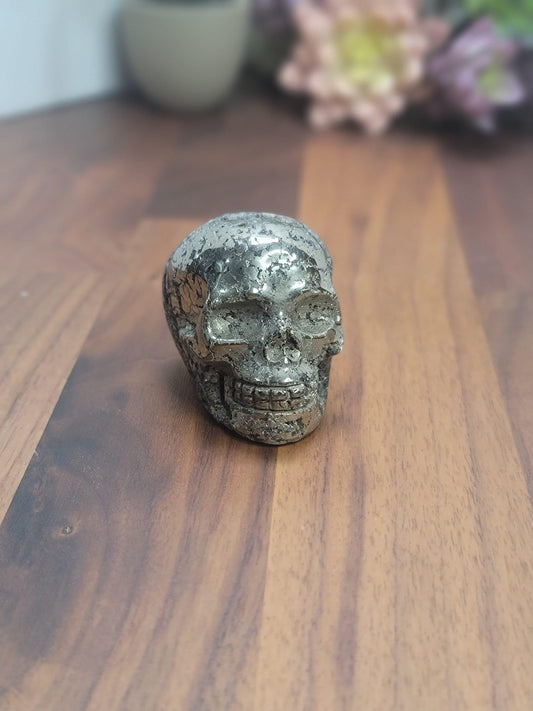 Pretty Pyrite Crystal Skull Carving | 2.4 X 1.7 Inches | Gold and Black | Only 1 Available