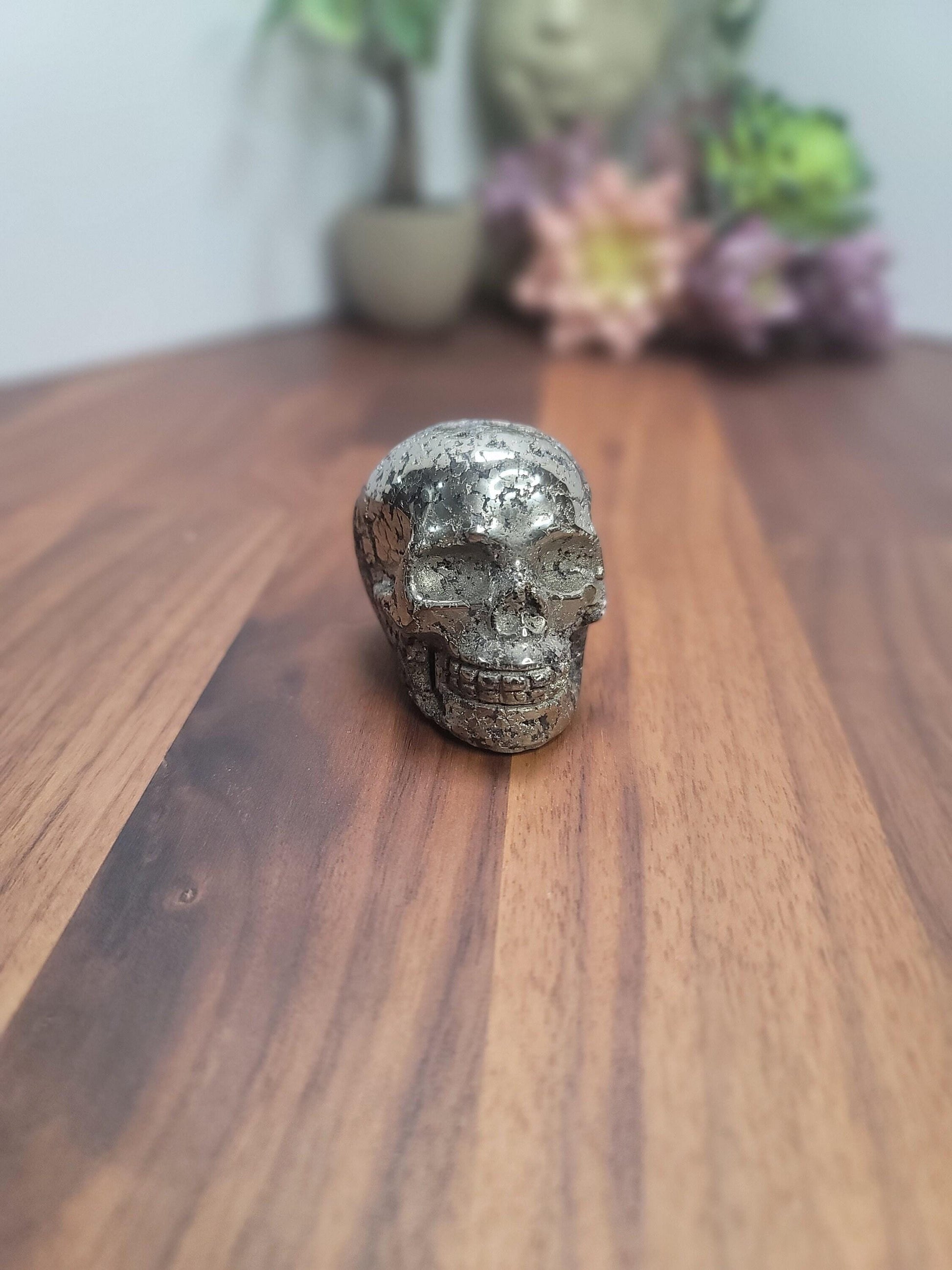Pretty Pyrite Crystal Skull Carving | 2.4 X 1.7 Inches | Gold and Black | Only 1 Available