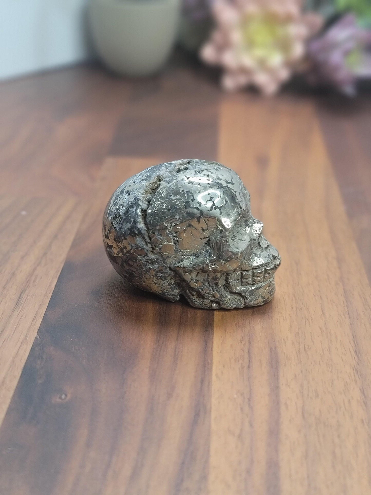 Pretty Pyrite Crystal Skull Carving | 2.4 X 1.7 Inches | Gold and Black | Only 1 Available