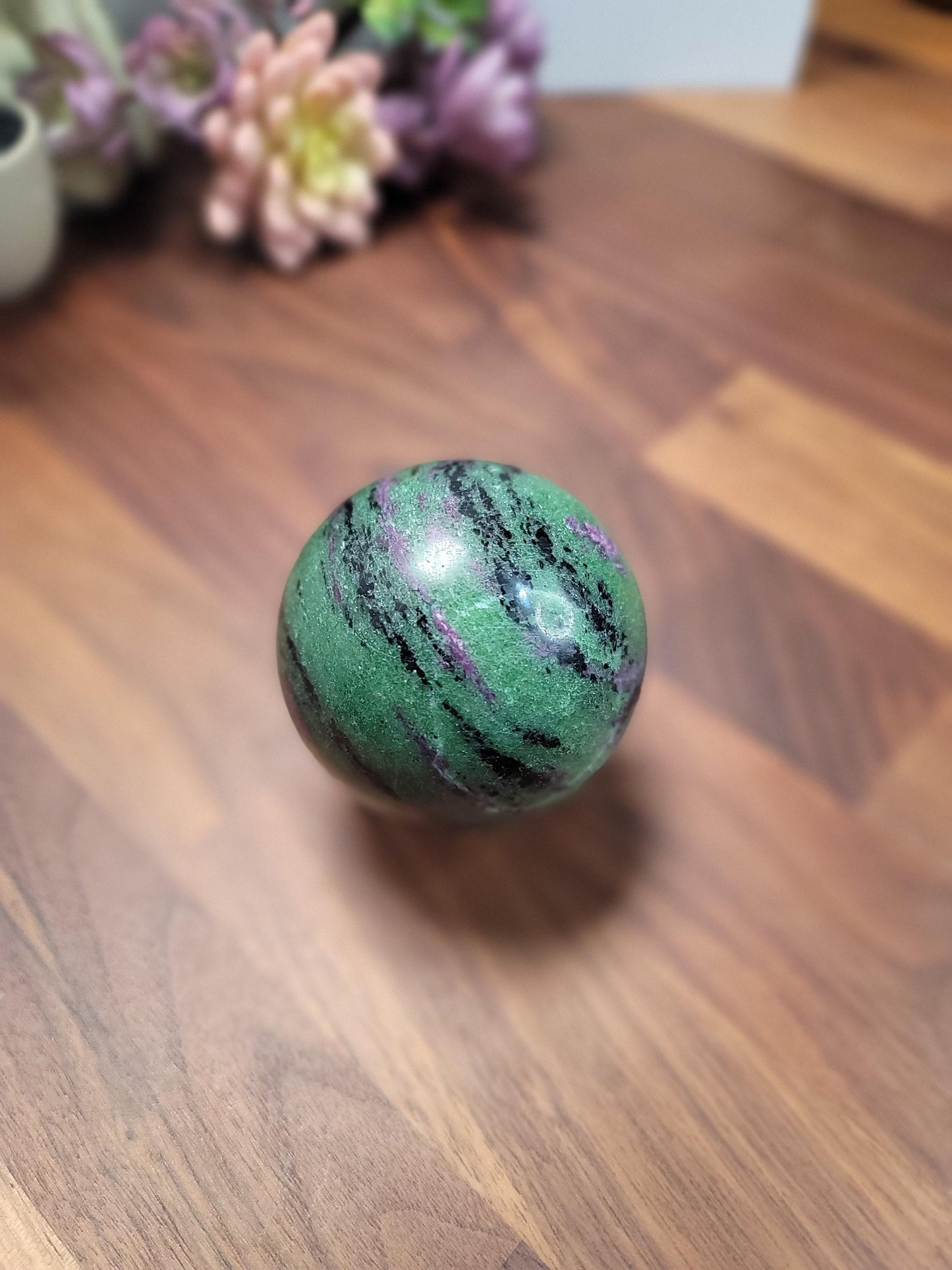 Ruby In Zoisite Crystal Sphere Decorative, Neon Green Pink Gem (70mm, Natural Gemstone, Unique Gift)