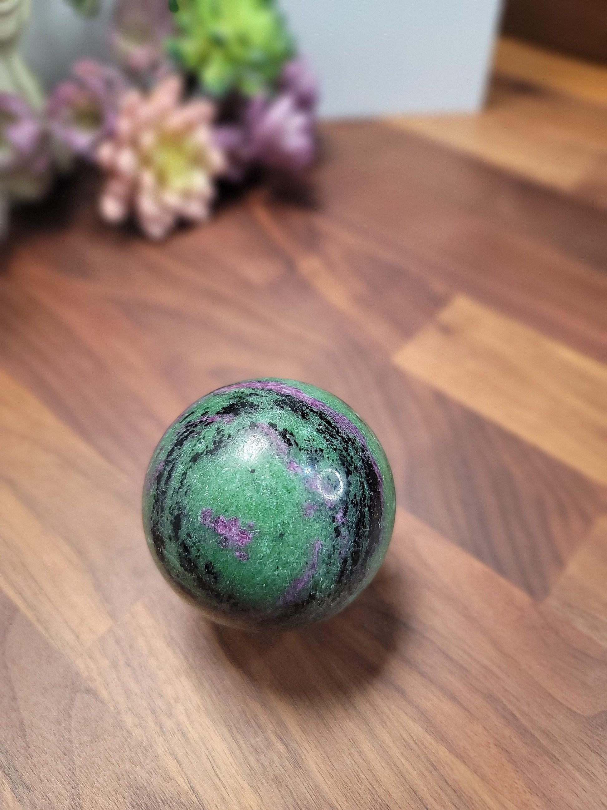 Ruby In Zoisite Crystal Sphere Decorative, Neon Green Pink Gem (70mm, Natural Gemstone, Unique Gift)